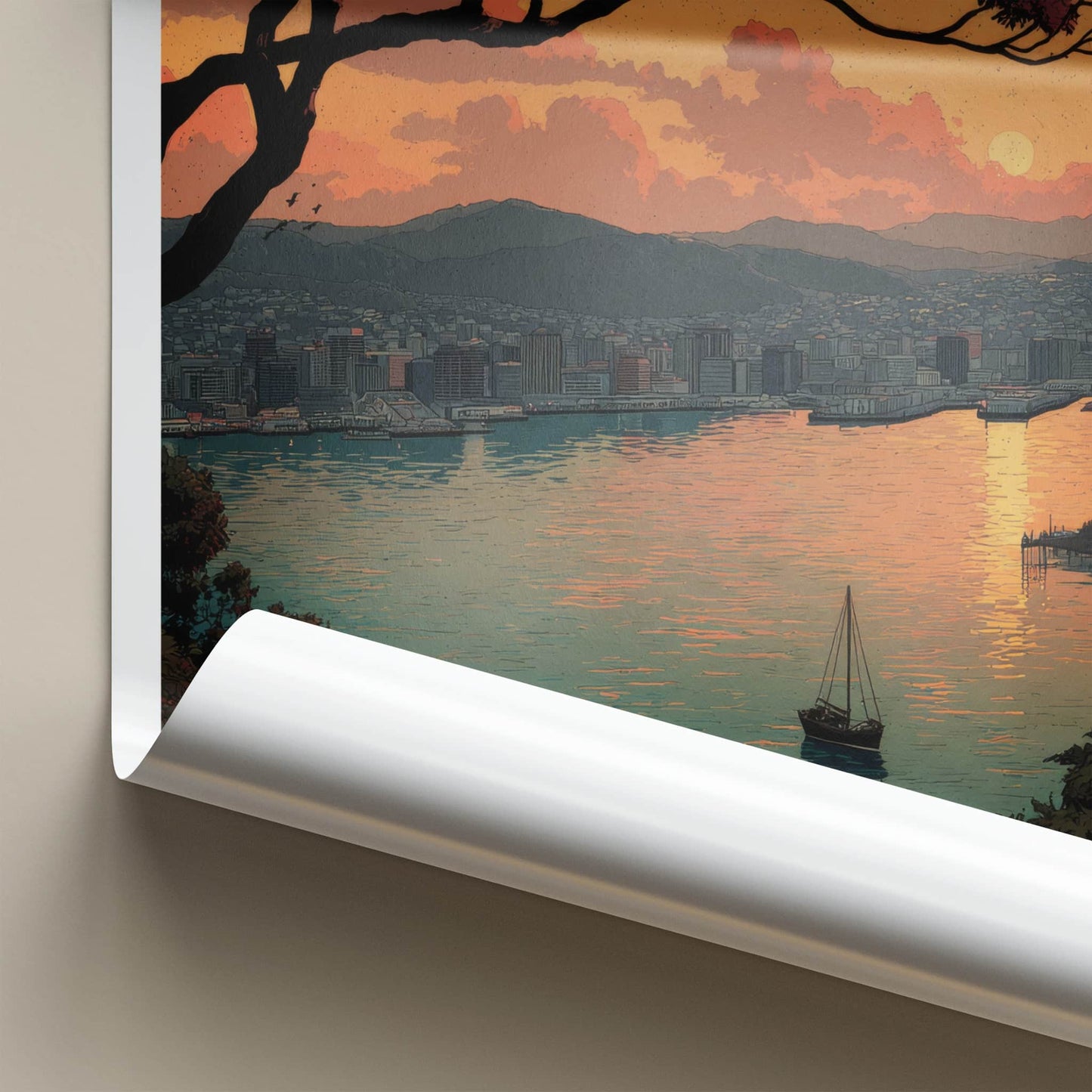 Wellington Poster - New Zealand Travel Art - Sunset Harbor City Home Decor