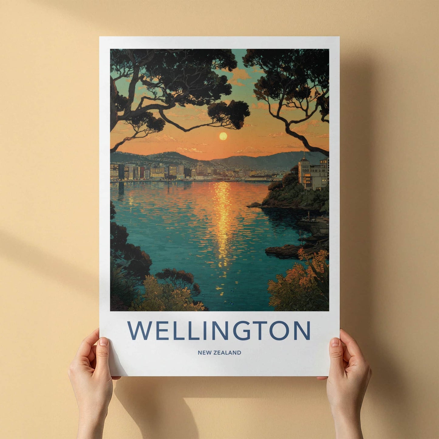 Wellington Poster - New Zealand Travel Art - Vibrant Sunset Waterscape Home Decor