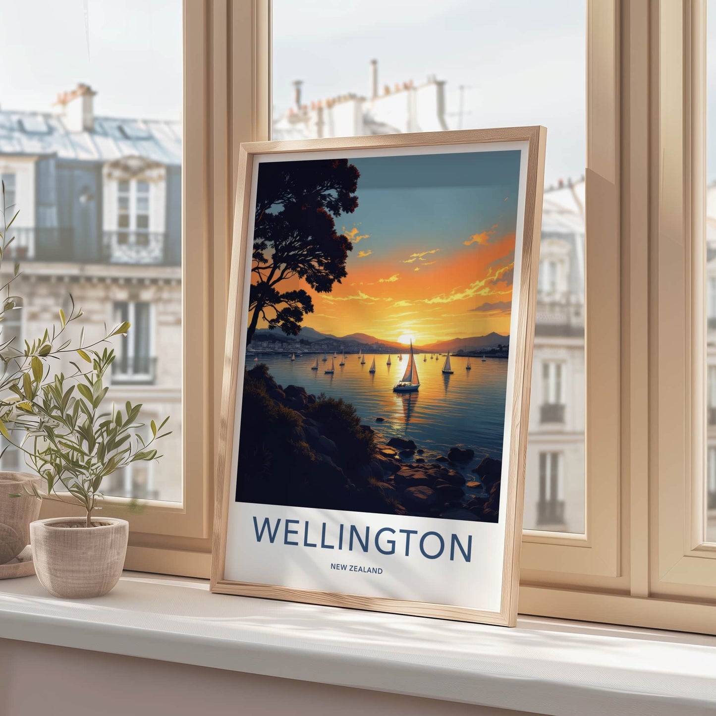 Wellington Poster - New Zealand Travel Print - Golden Hour Sailboats Home Decor