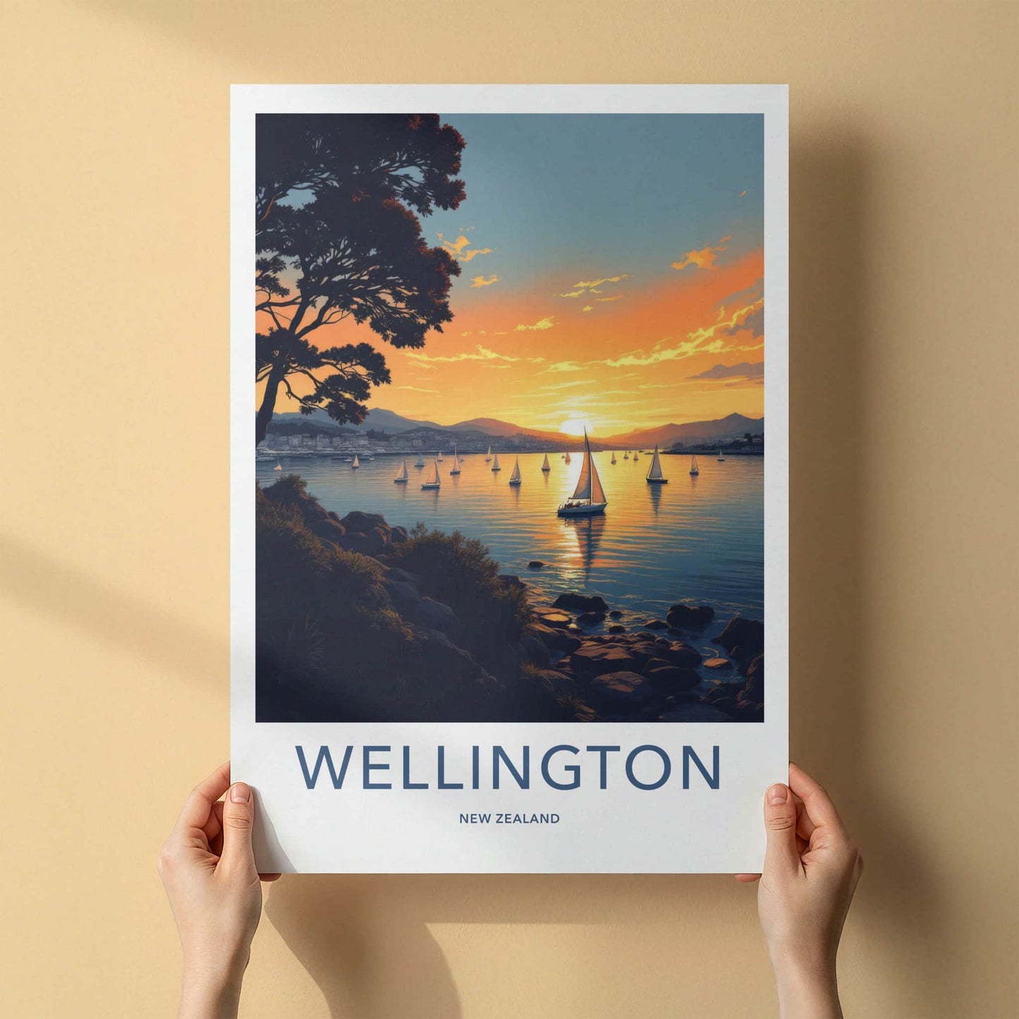 Wellington Poster - New Zealand Travel Print - Golden Hour Sailboats Home Decor