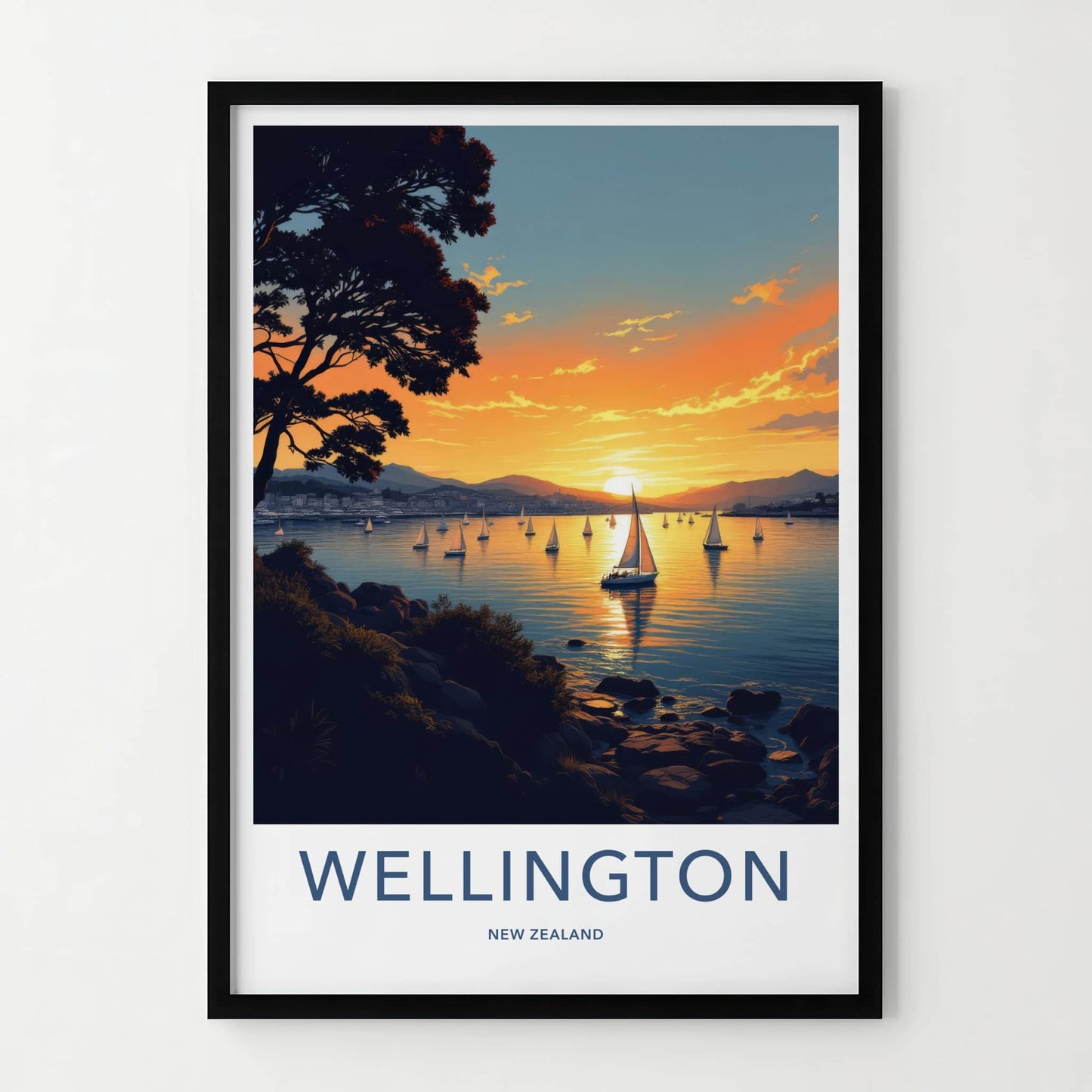 Wellington Poster - New Zealand Travel Print - Golden Hour Sailboats Home Decor
