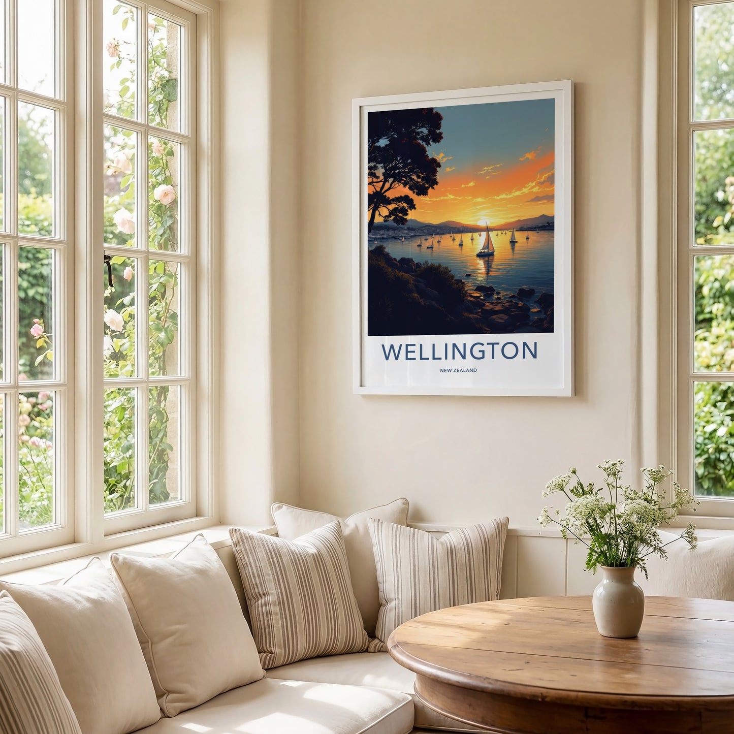 Wellington Poster - New Zealand Travel Print - Golden Hour Sailboats Home Decor