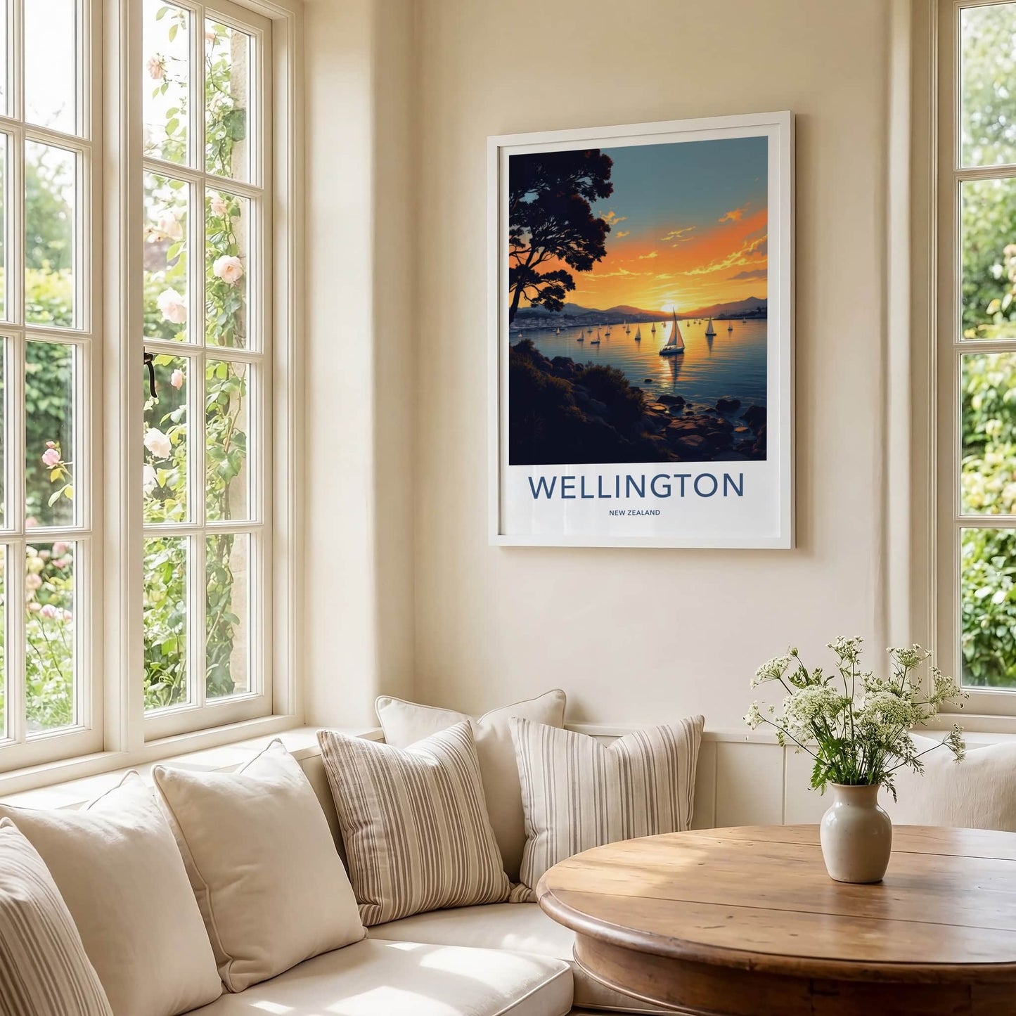Wellington Poster - New Zealand Travel Print - Golden Hour Sailboats Home Decor