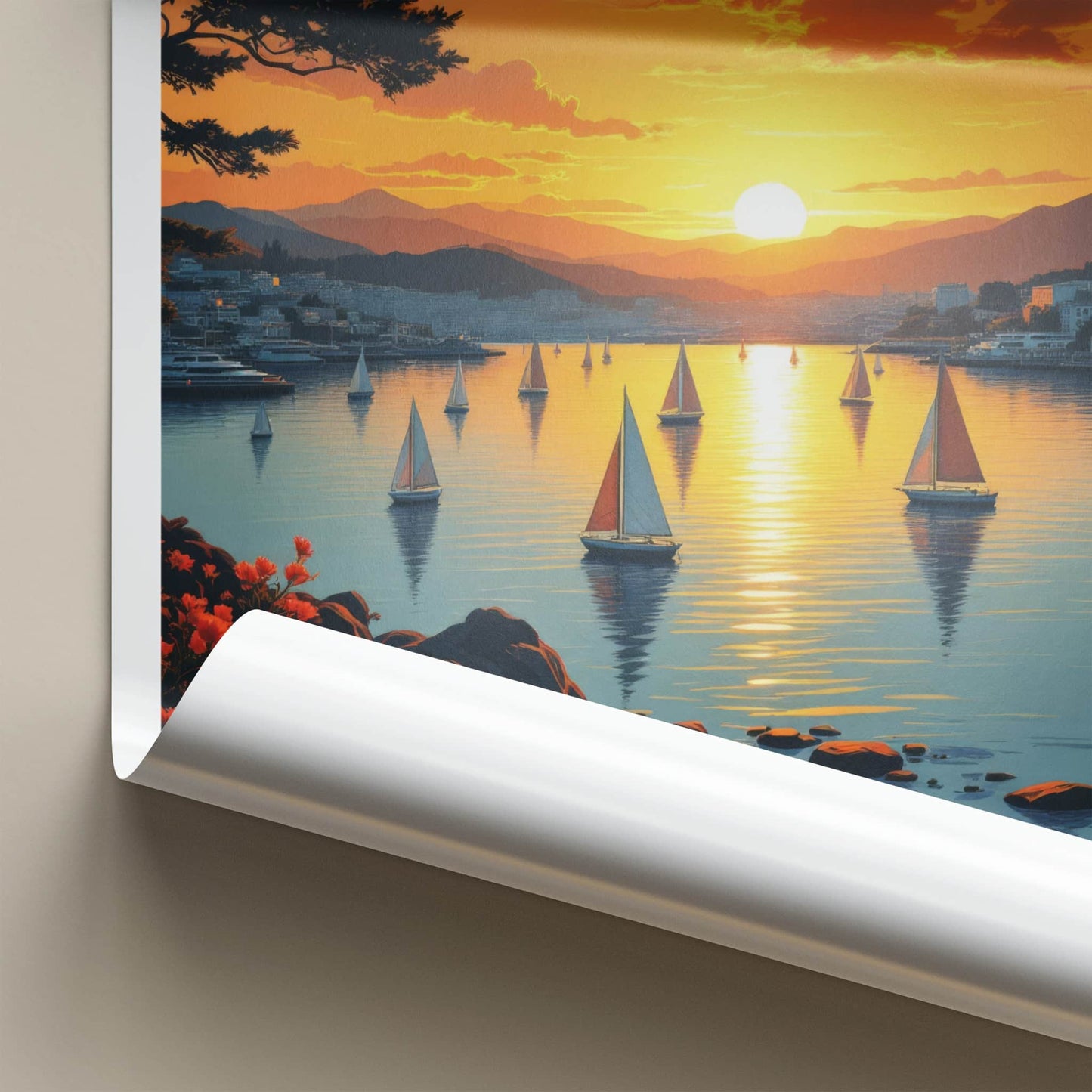 Wellington Poster - New Zealand Travel Print - Golden Sunset Sailboats Wall Decor