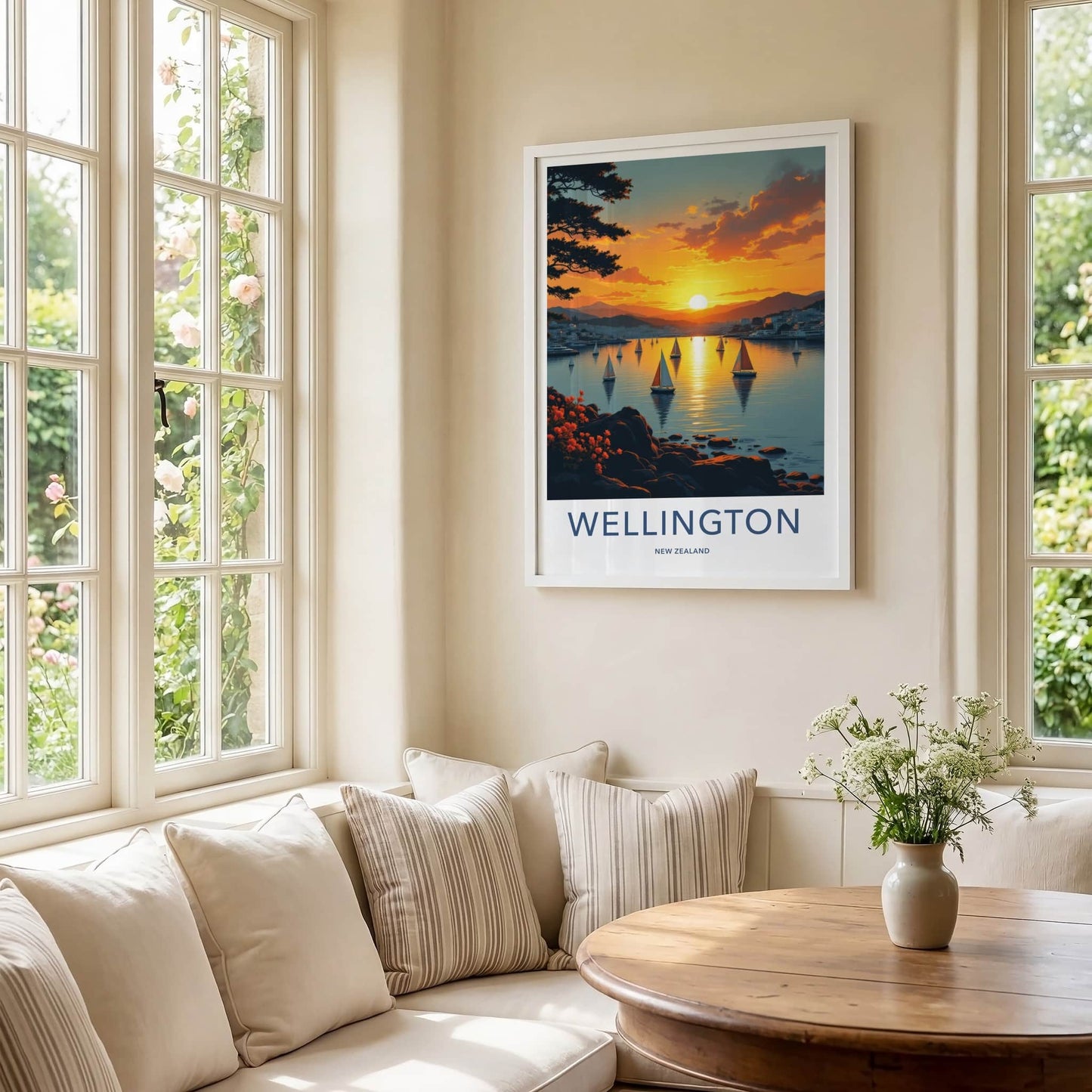 Wellington Poster - New Zealand Travel Print - Golden Sunset Sailboats Wall Decor