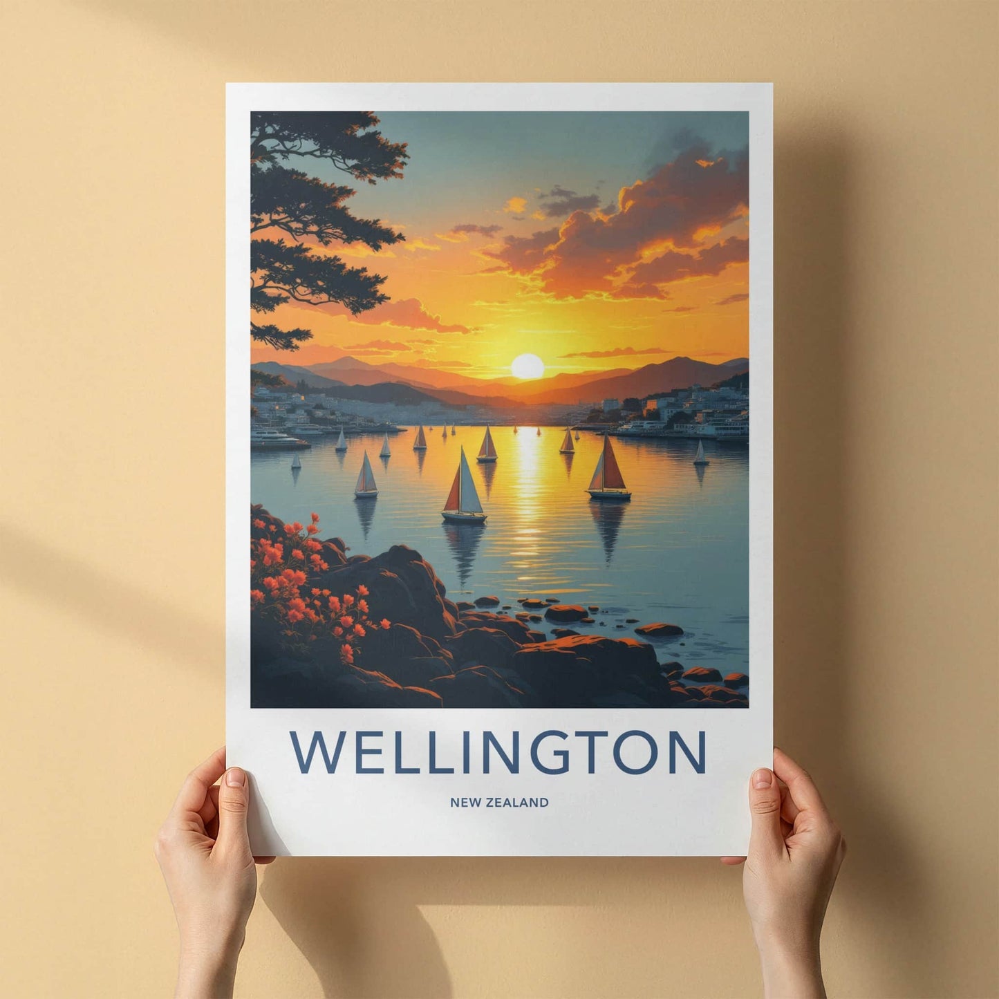Wellington Poster - New Zealand Travel Print - Golden Sunset Sailboats Wall Decor
