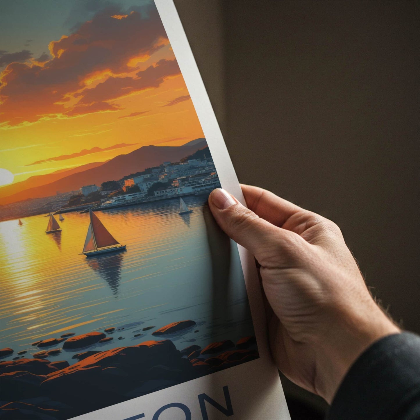 Wellington Poster - New Zealand Travel Print - Golden Sunset Sailboats Wall Decor