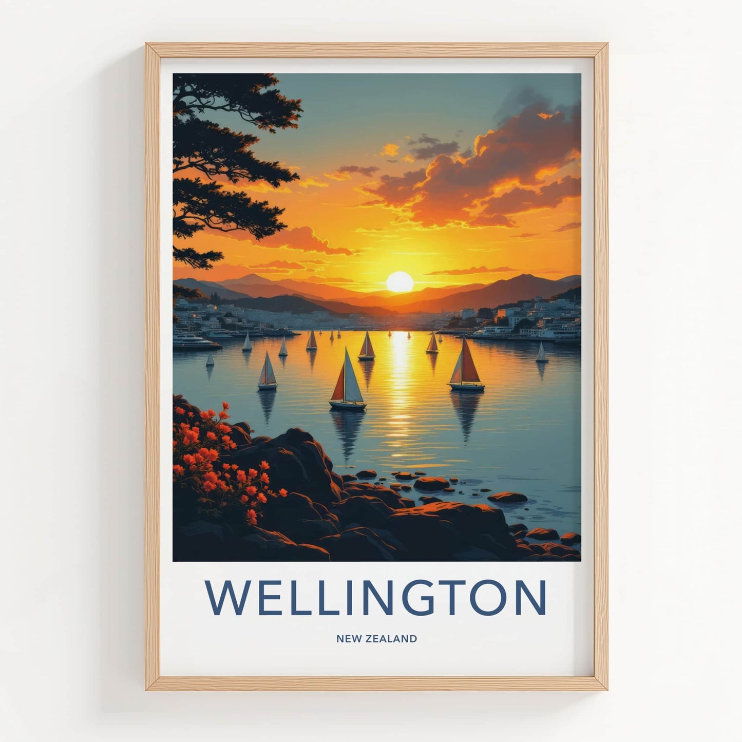 Wellington Poster - New Zealand Travel Print - Golden Sunset Sailboats Wall Decor