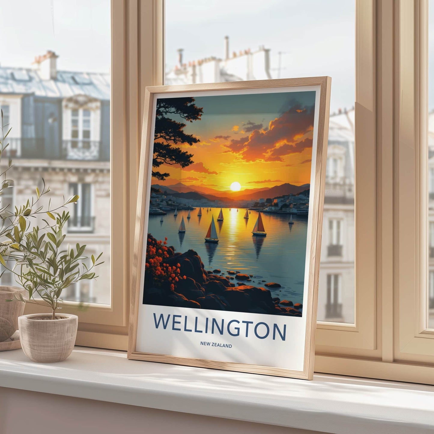 Wellington Poster - New Zealand Travel Print - Golden Sunset Sailboats Wall Decor