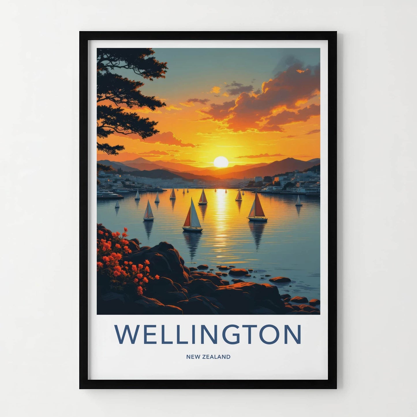 Wellington Poster - New Zealand Travel Print - Golden Sunset Sailboats Wall Decor