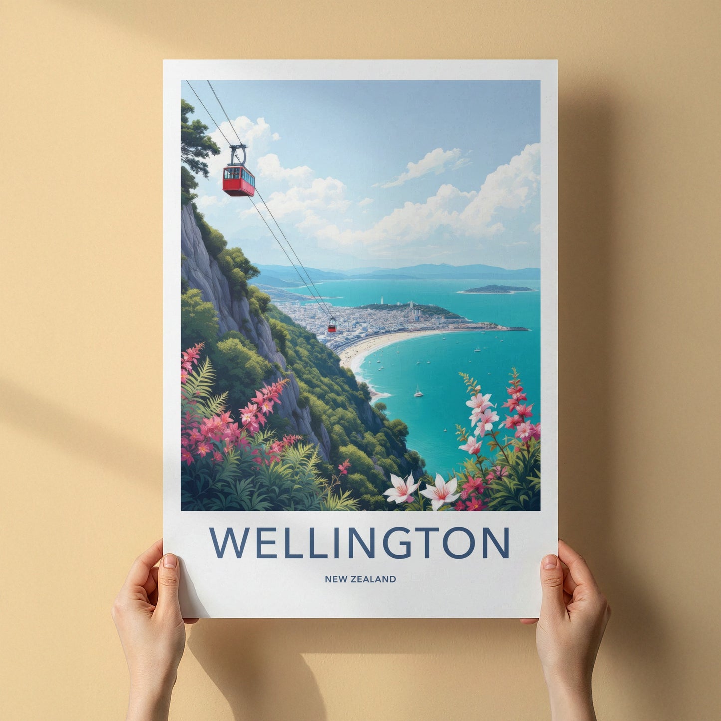 Wellington Poster - New Zealand Travel Print - Red Cable Car Wall Decor