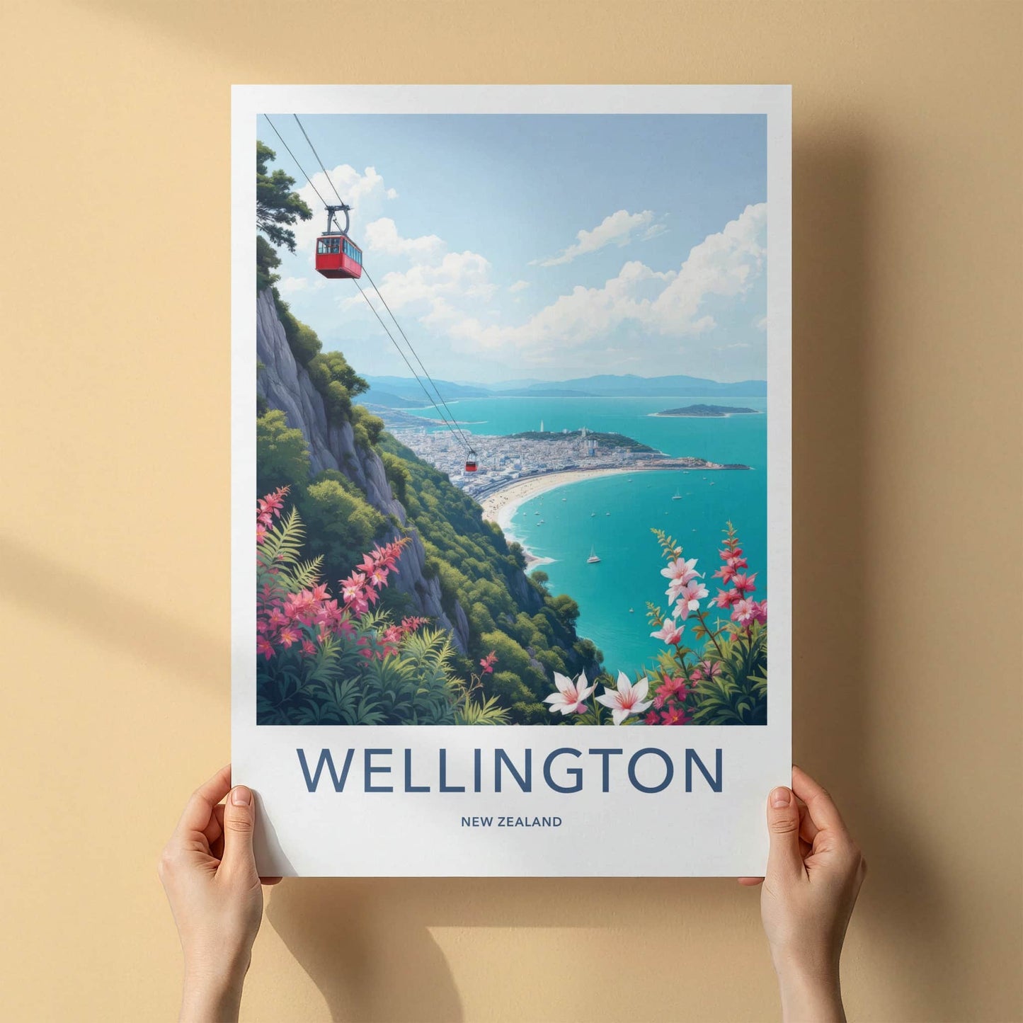 Wellington Poster - New Zealand Travel Print - Red Cable Car Wall Decor