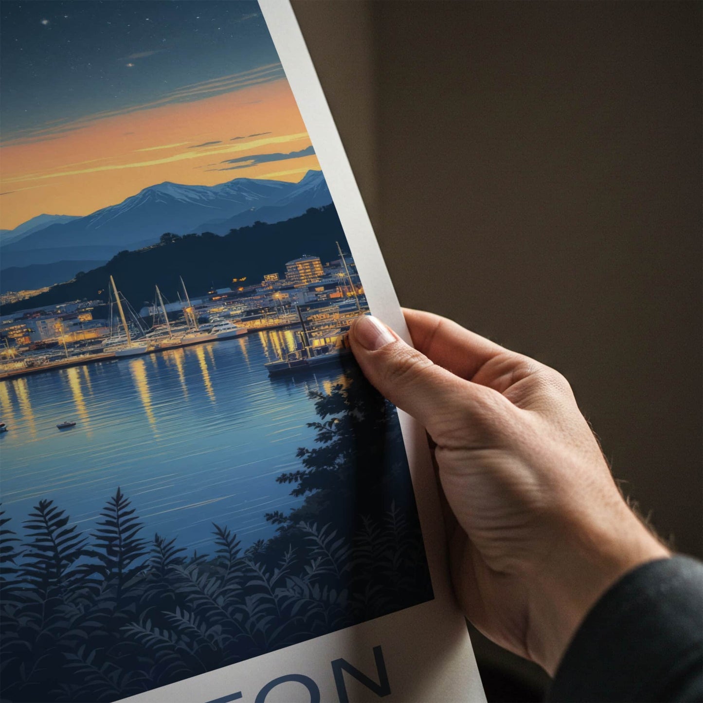 Wellington Poster - New Zealand Travel Print - Twilight Harbor Lights Home Decor