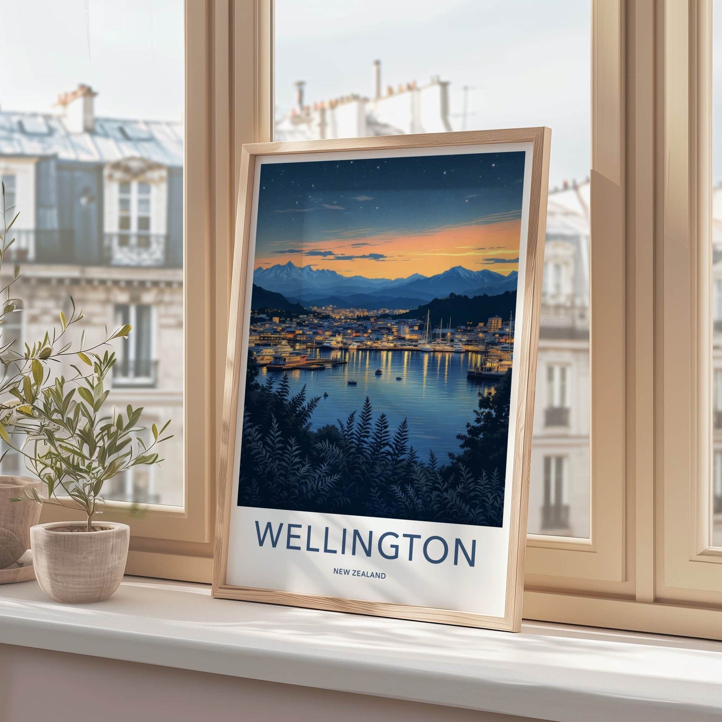 Wellington Poster - New Zealand Travel Print - Twilight Harbor Lights Home Decor