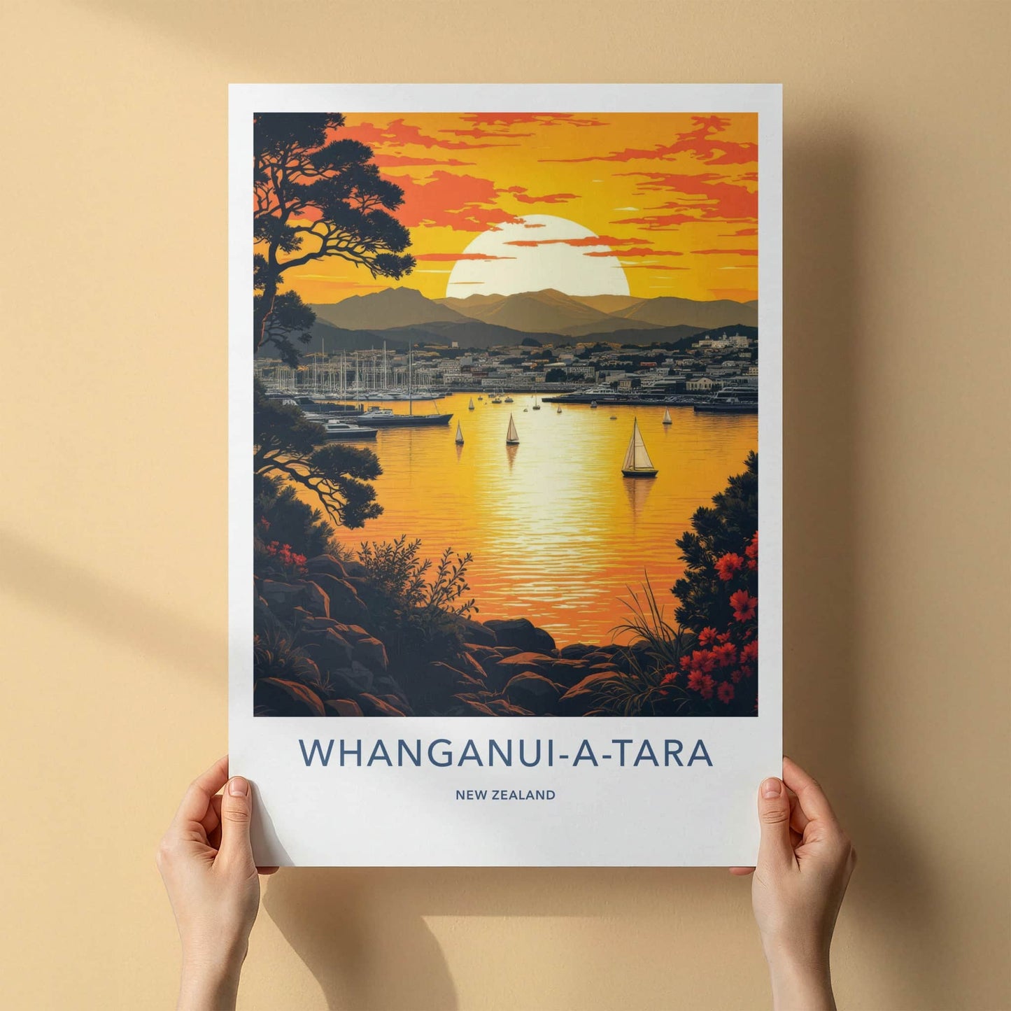 Whanganui-a-Tara Poster - New Zealand Art Print - Boats City Sunset Wall Decor