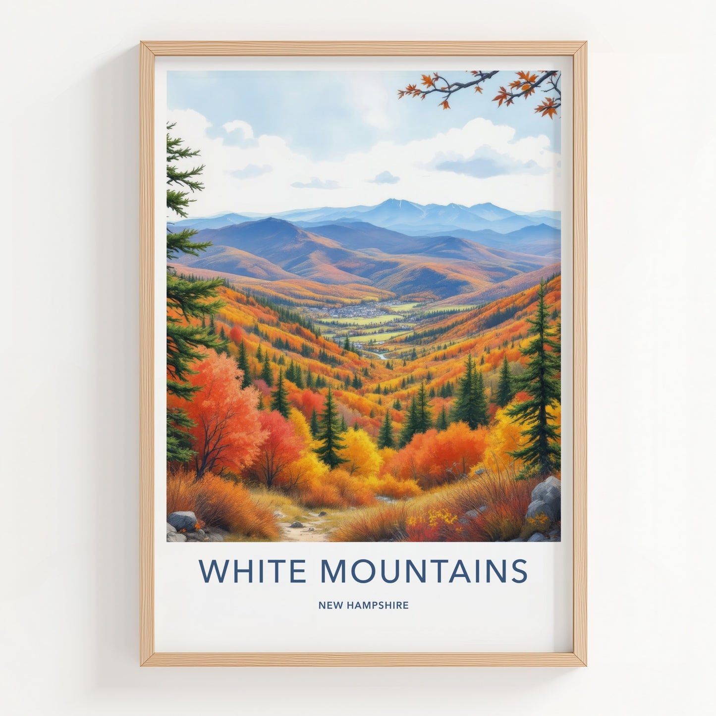 White Mountains Poster - New Hampshire Travel Art - Autumn Valley Village Home Decor