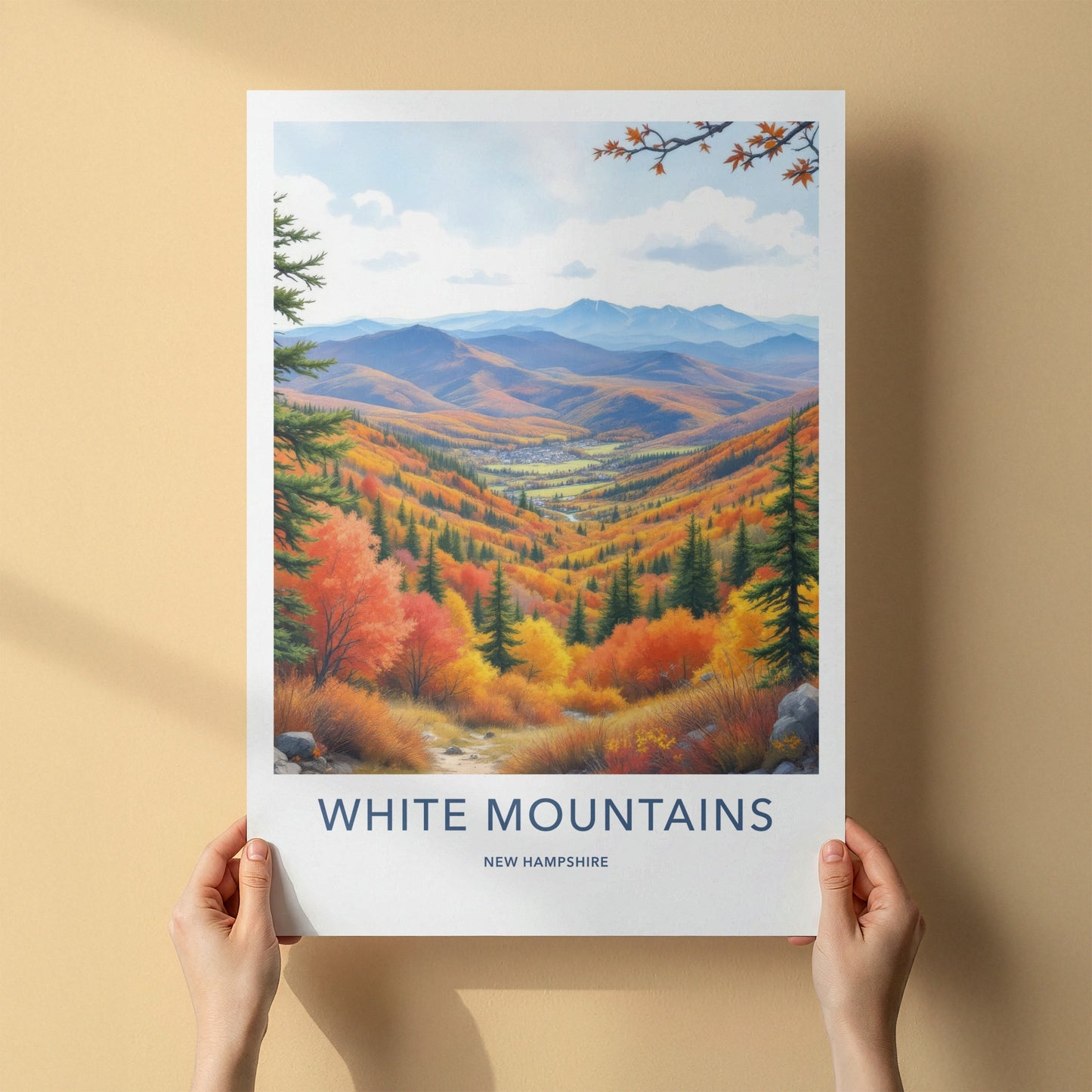 White Mountains Poster - New Hampshire Travel Art - Autumn Valley Village Home Decor