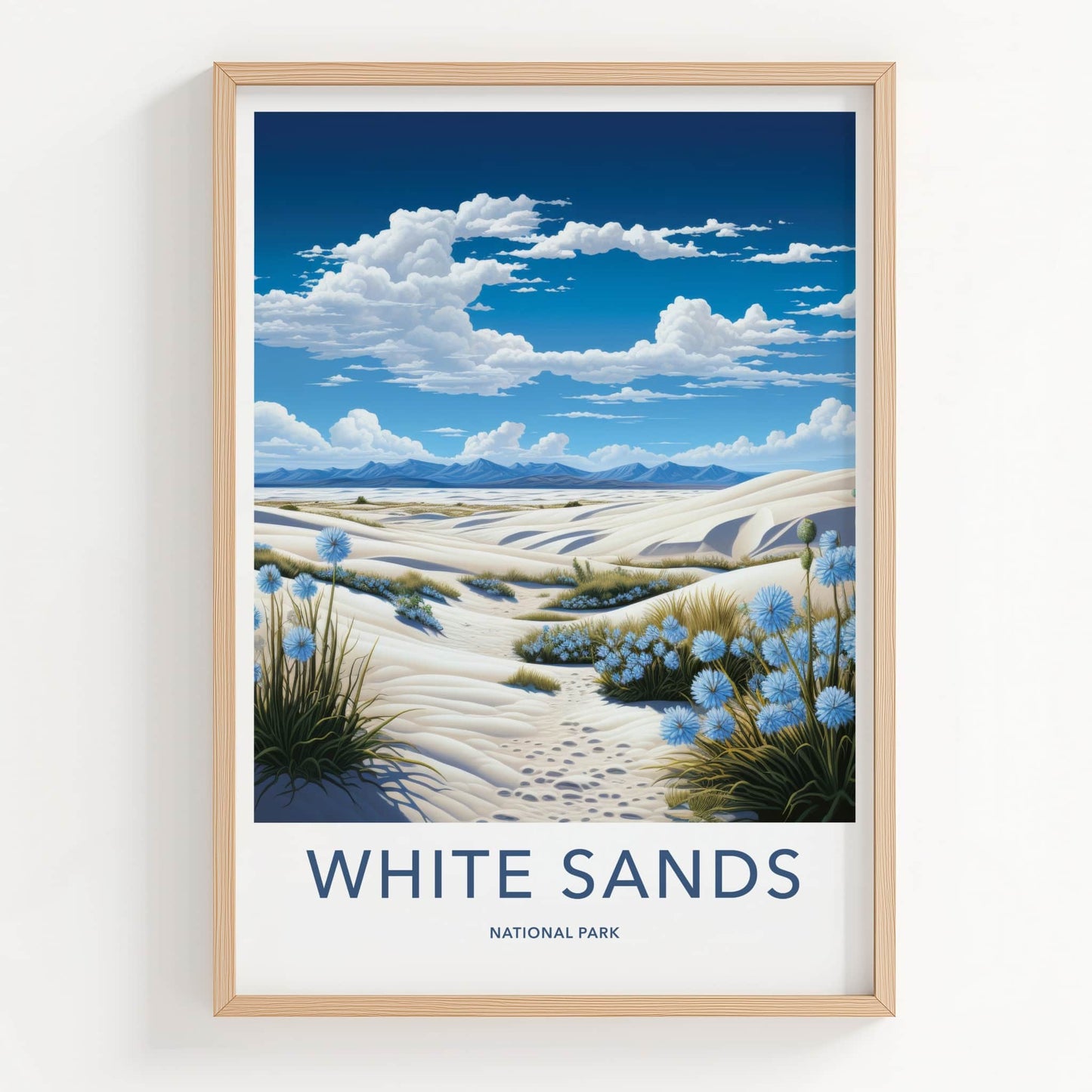 White Sands National Park Poster - New Mexico Travel Art - Dunes Blue Flowers Home Decor