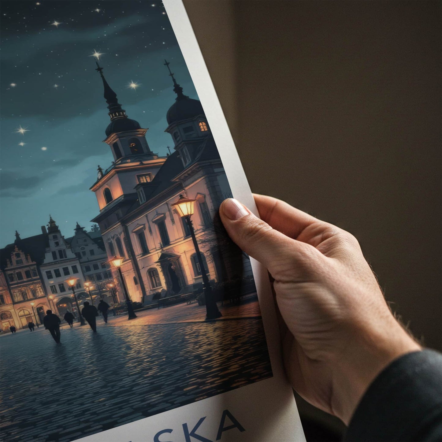 Wielkopolska Poster - Poland Travel Art - Cobblestone Street Moonlight Home Decor