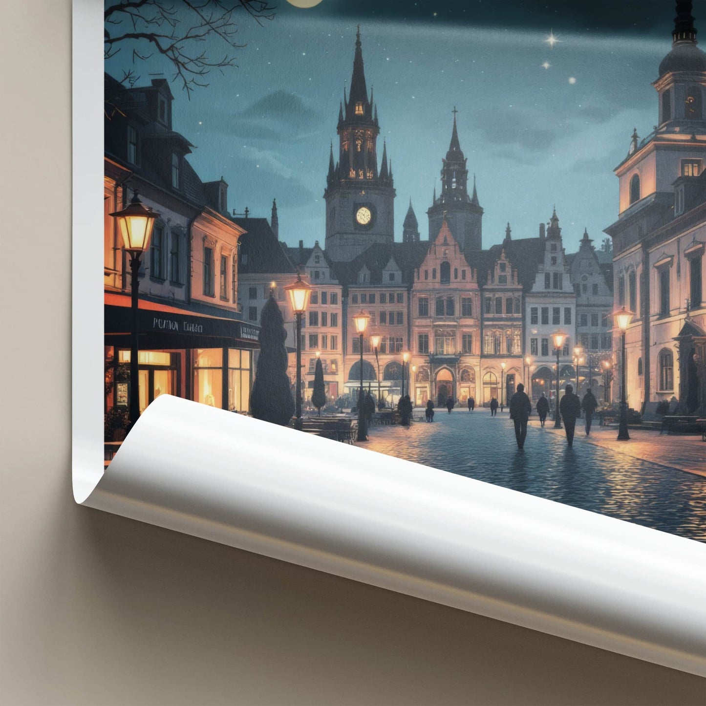 Wielkopolska Poster - Poland Travel Art - Cobblestone Street Moonlight Home Decor