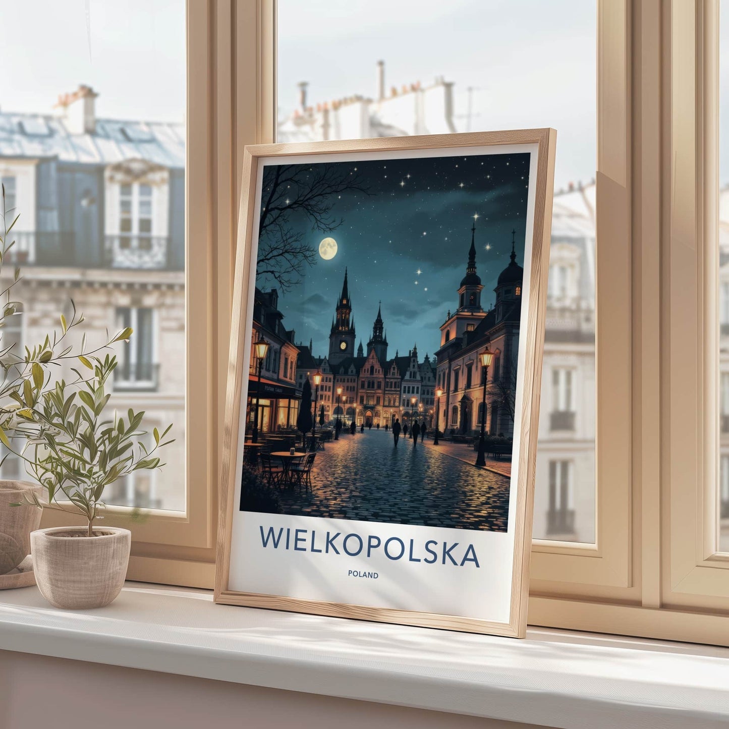 Wielkopolska Poster - Poland Travel Art - Cobblestone Street Moonlight Home Decor