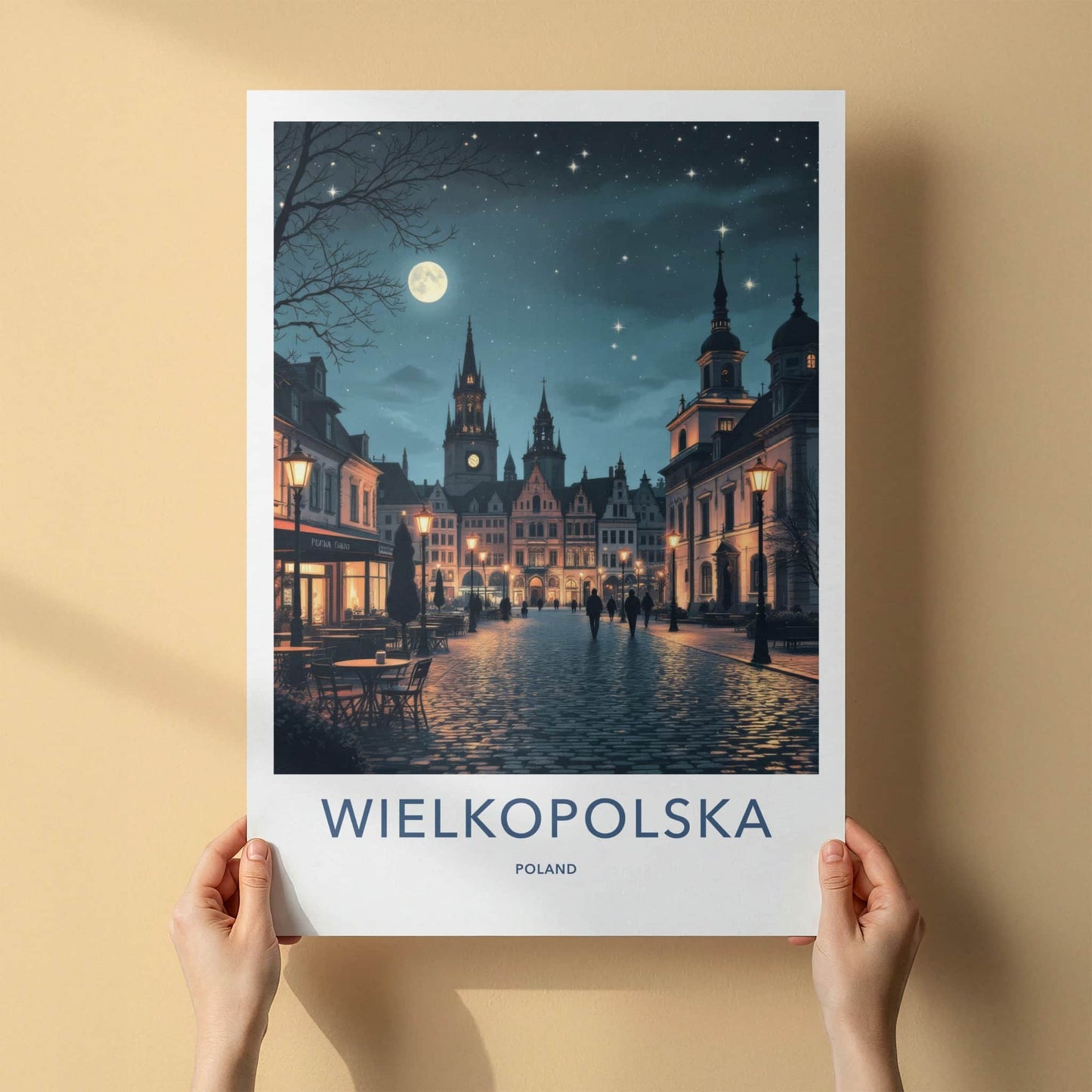 Wielkopolska Poster - Poland Travel Art - Cobblestone Street Moonlight Home Decor