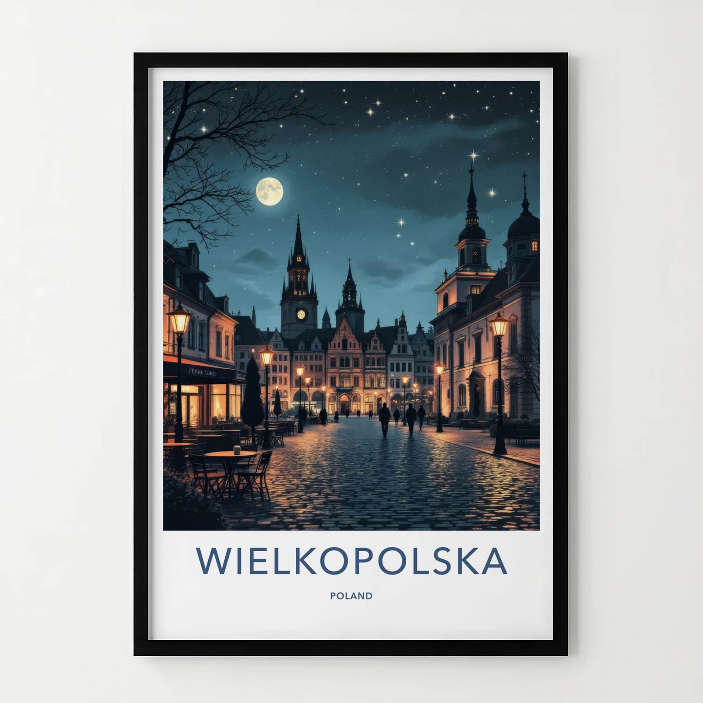 Wielkopolska Poster - Poland Travel Art - Cobblestone Street Moonlight Home Decor