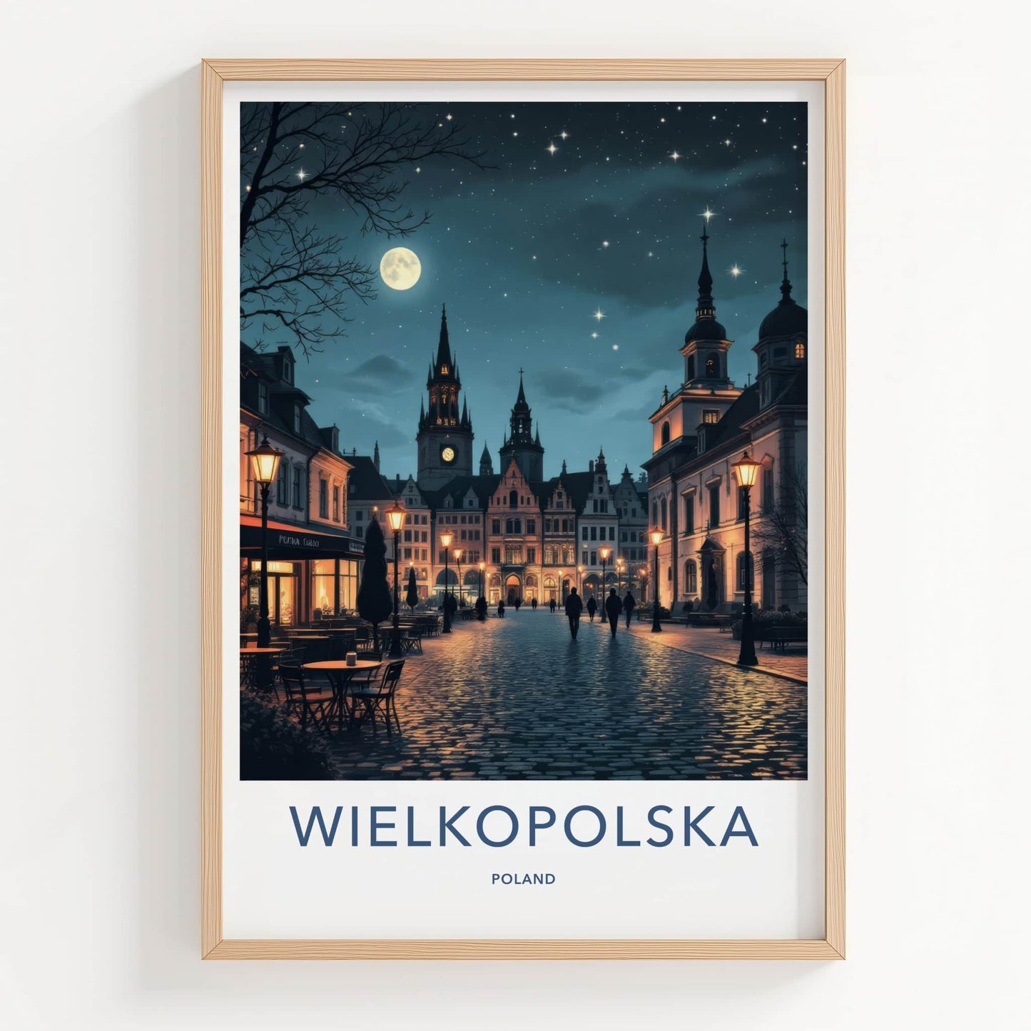 Wielkopolska Poster - Poland Travel Art - Cobblestone Street Moonlight Home Decor