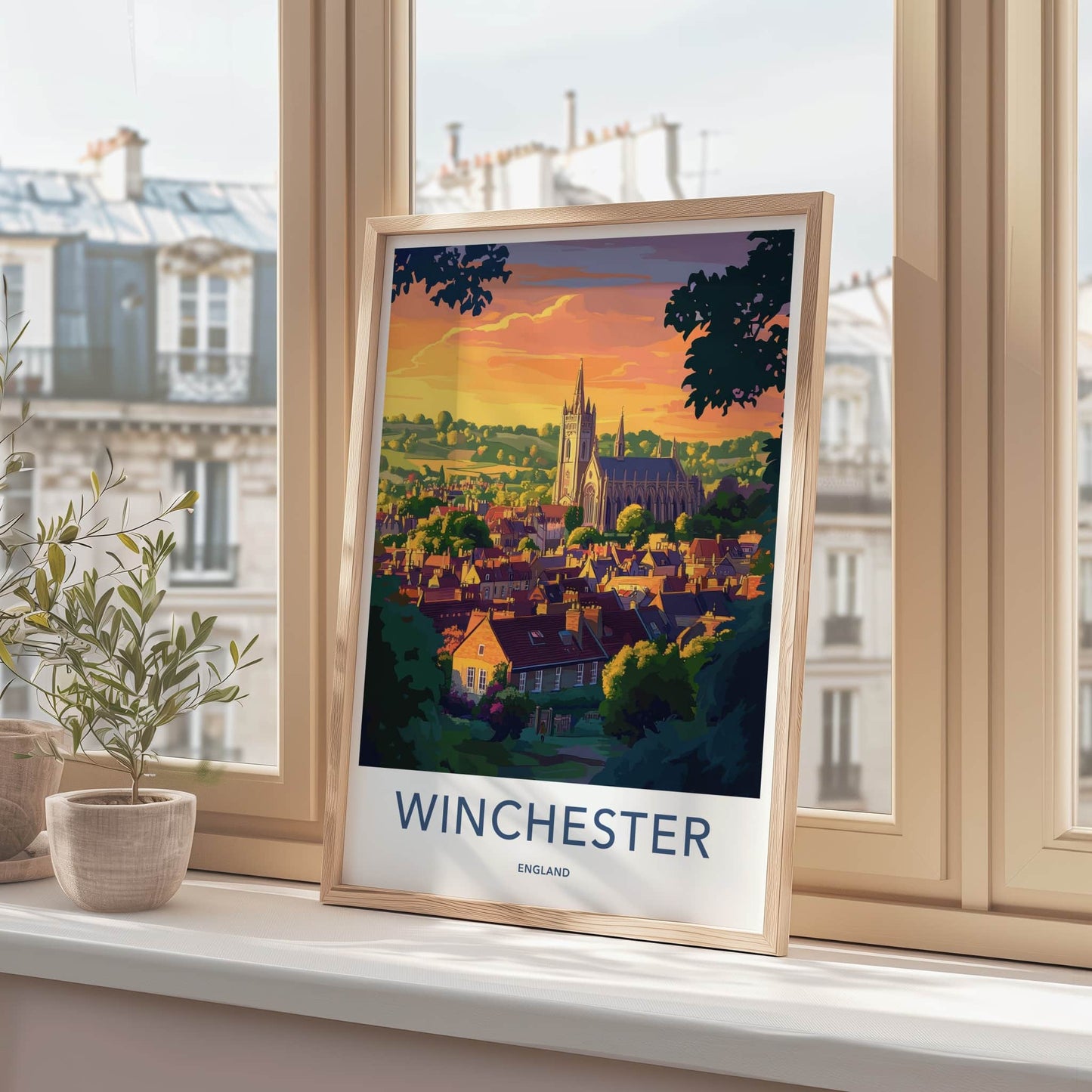 Winchester Poster - England Travel Art - Sunset City Cathedral Home Decor