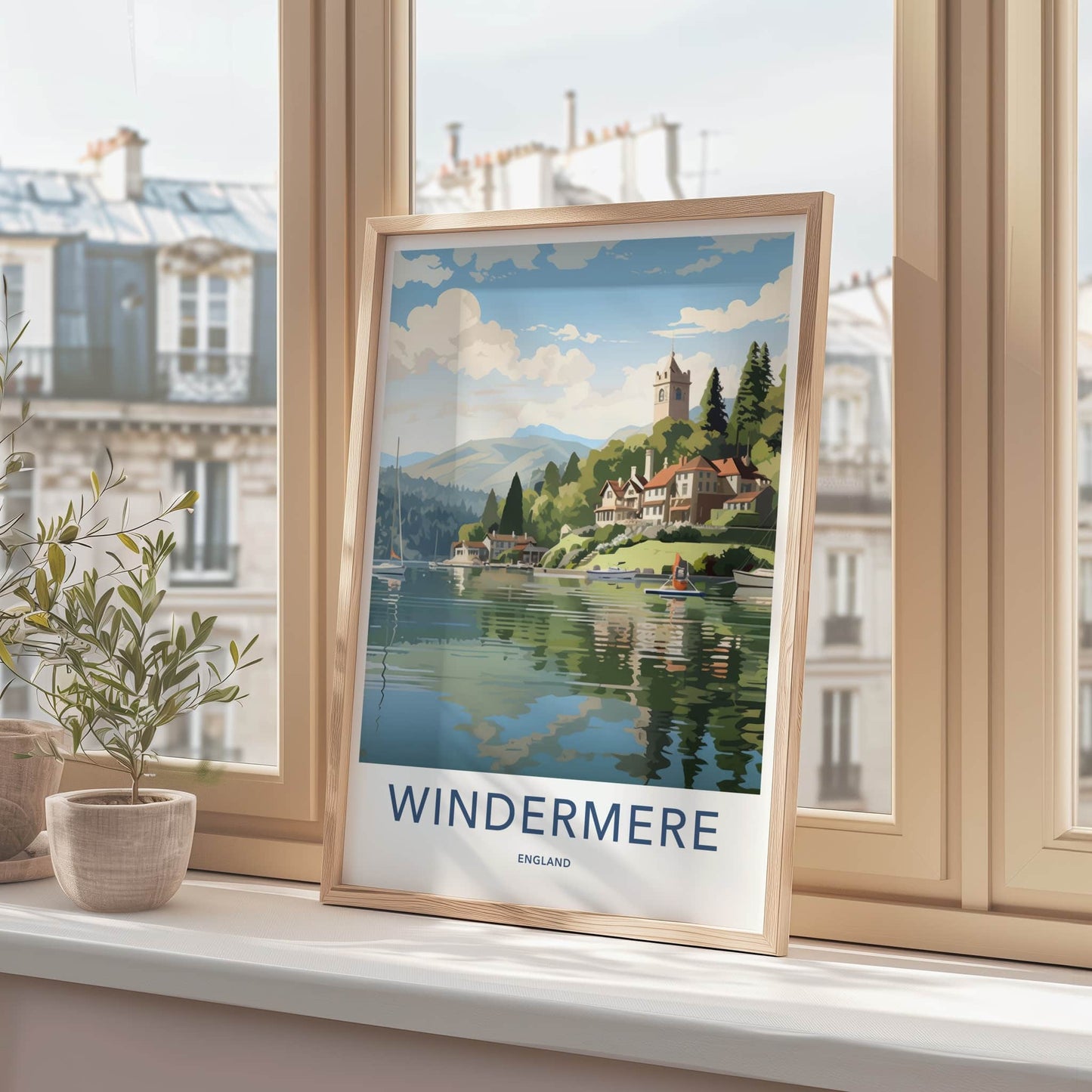 Windermere Poster - England Travel Art - Lakeside Village Church Home Decor