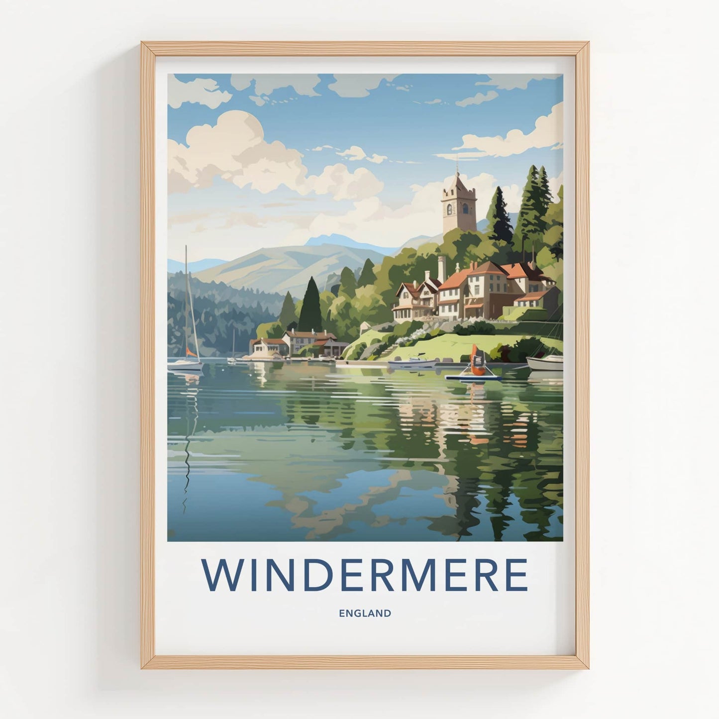 Windermere Poster - England Travel Art - Lakeside Village Church Home Decor
