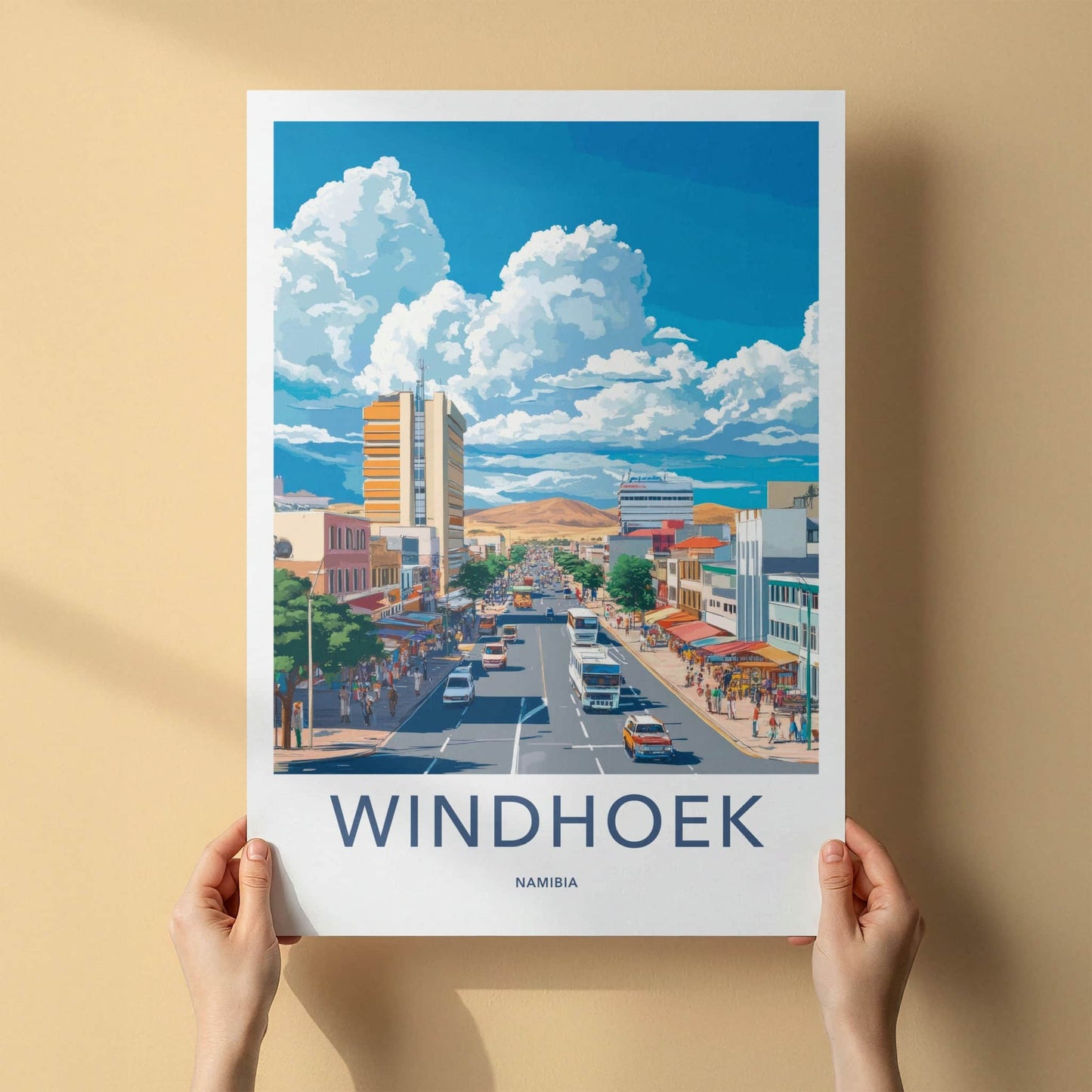 Windhoek Poster - Namibia Art Print - Busy Street Mountain Wall Decor