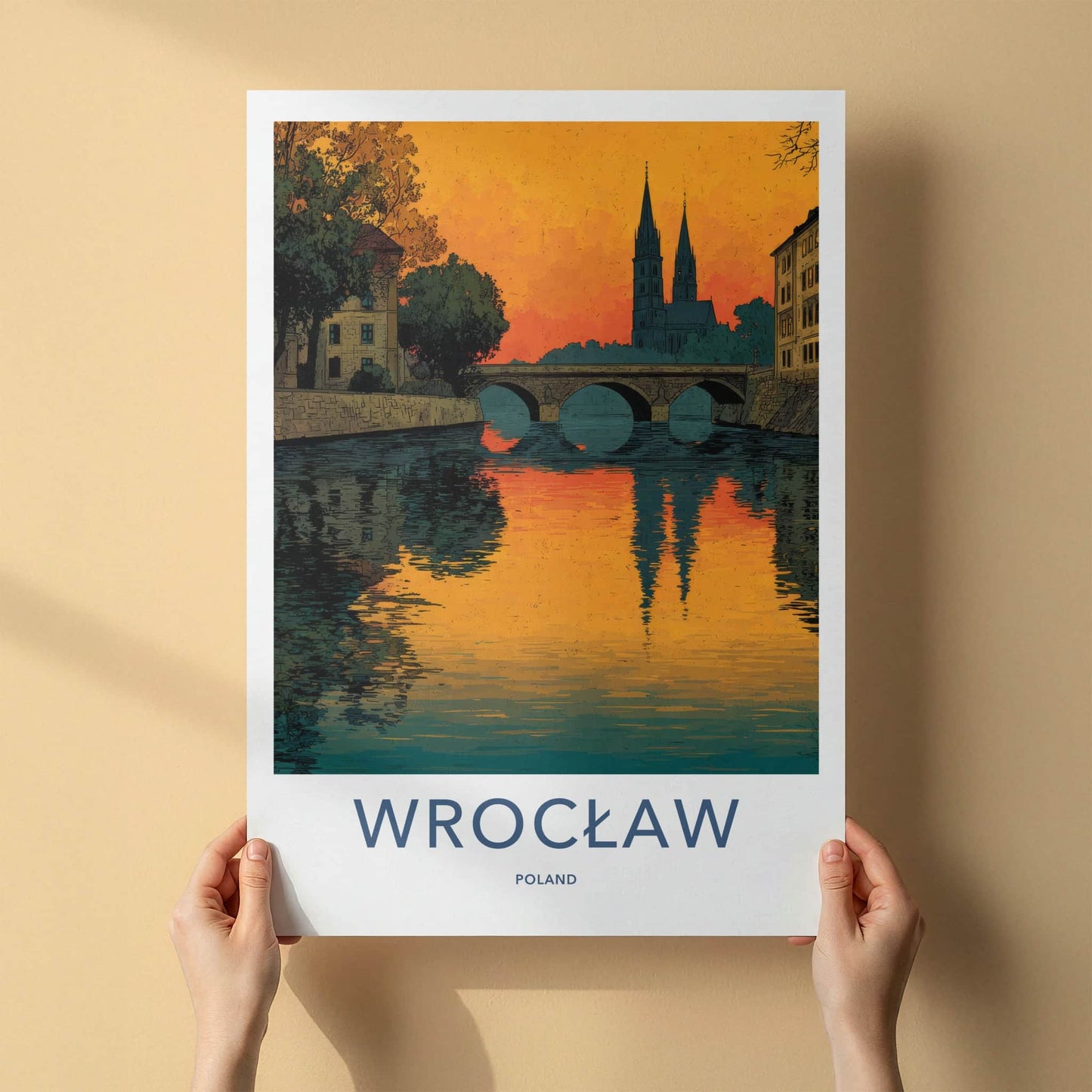 Wroclaw Poster - Poland Travel Art - River Bridge Reflections Home Decor