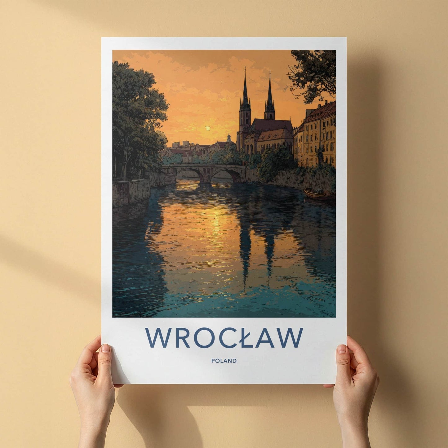 Wroclaw Poster - Poland Travel Print - Sunset River Cathedral Home Decor