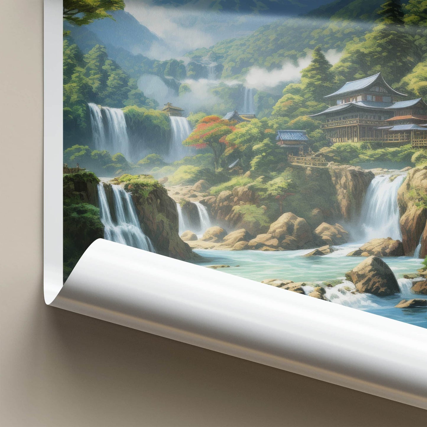 Wuling Mountains Poster - China Travel Art - Mountain Waterfalls Pagoda Home Decor