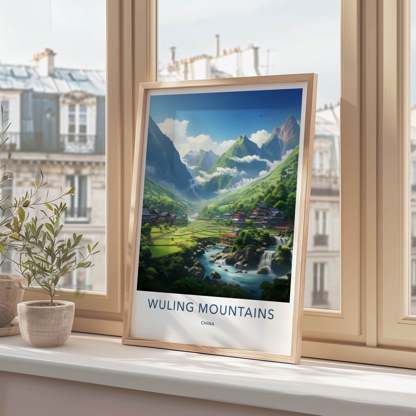 Wuling Mountains Poster - China Travel Art - River Village Waterfalls Wall Decor