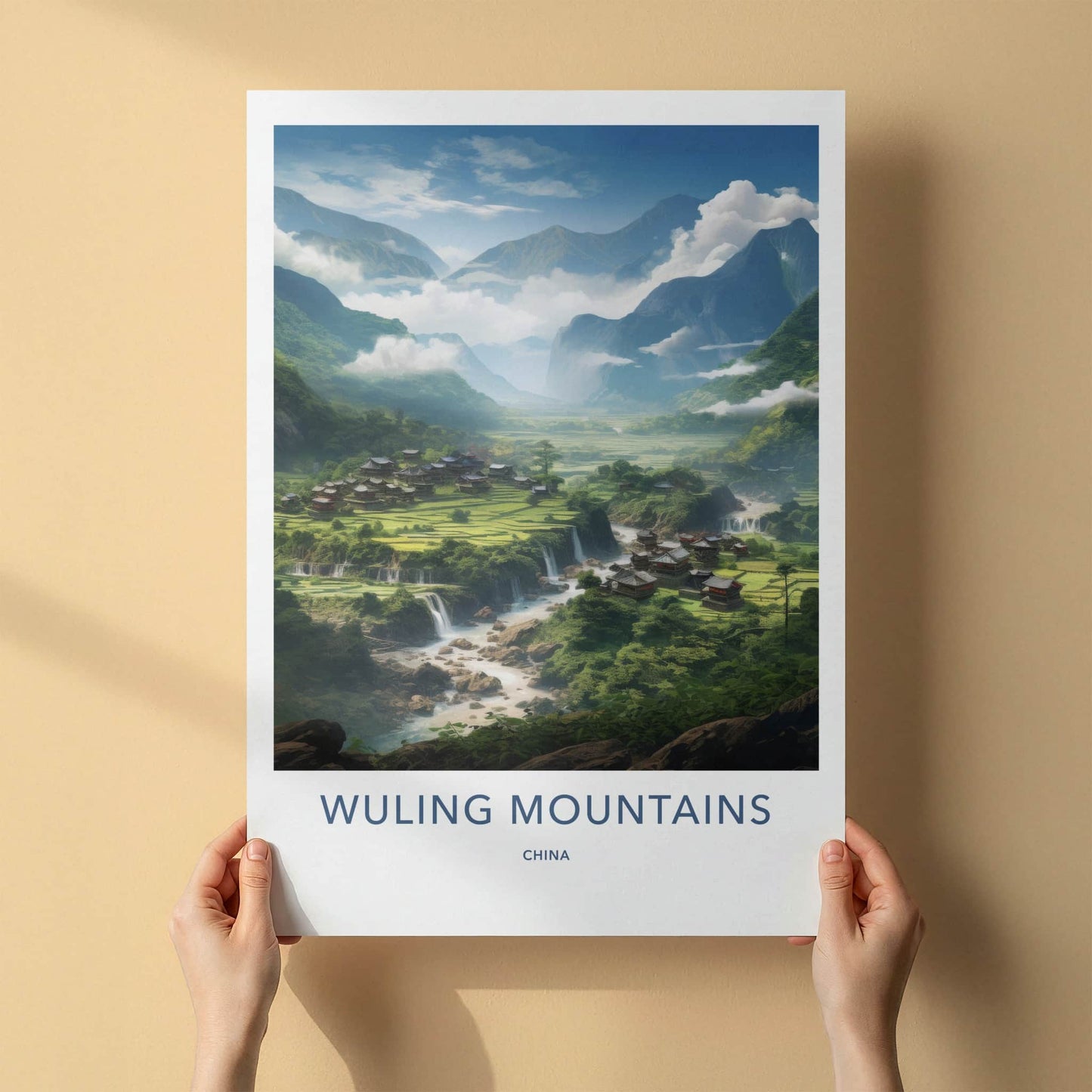 Wuling Mountains Poster - China Wall Art - Mountain Village Waterfalls Home Decor