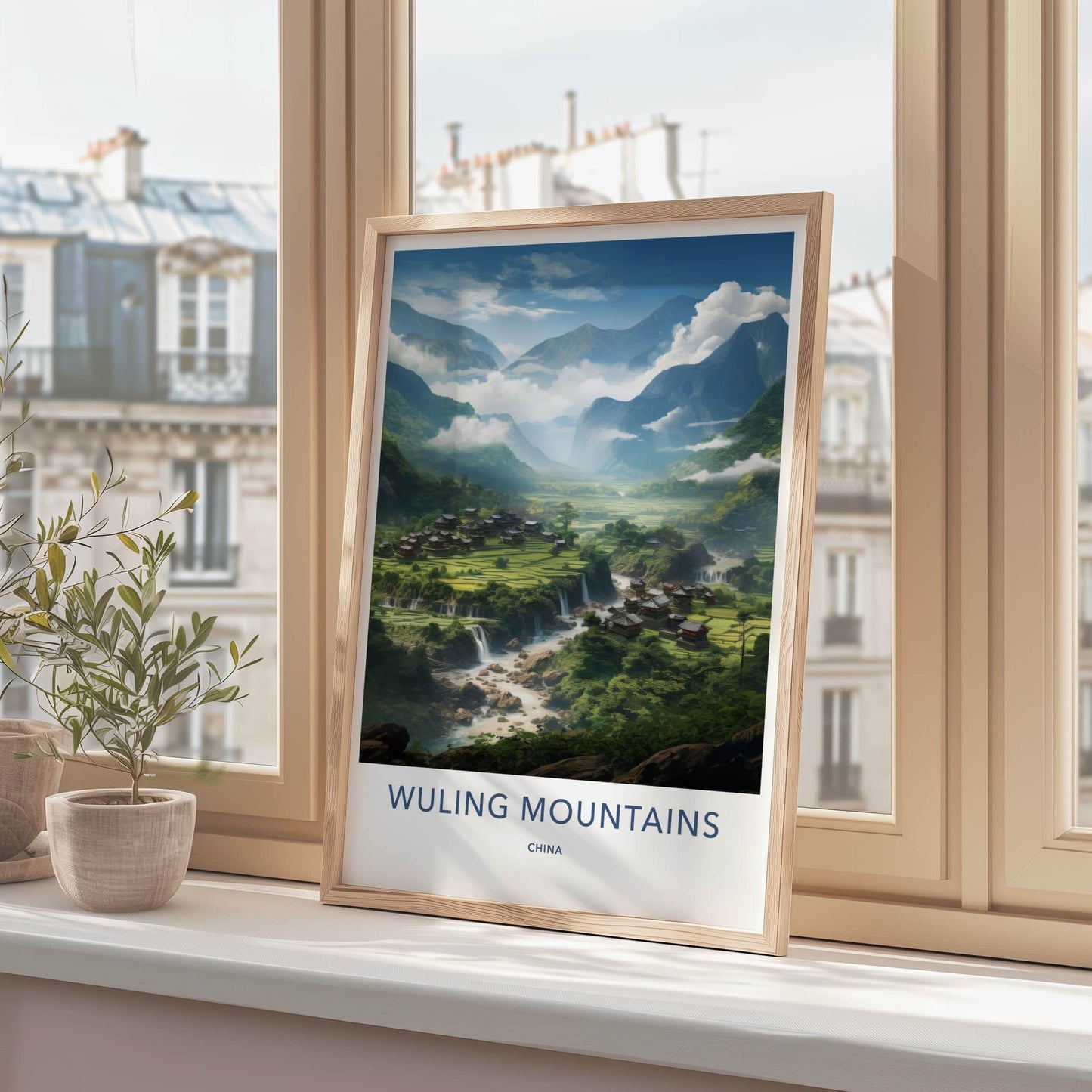 Wuling Mountains Poster - China Wall Art - Mountain Village Waterfalls Home Decor