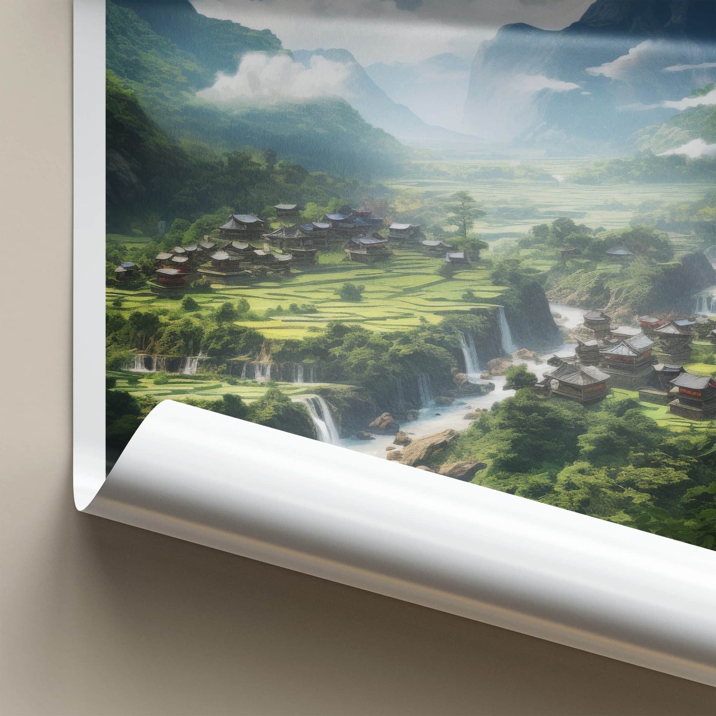 Wuling Mountains Poster - China Wall Art - Mountain Village Waterfalls Home Decor