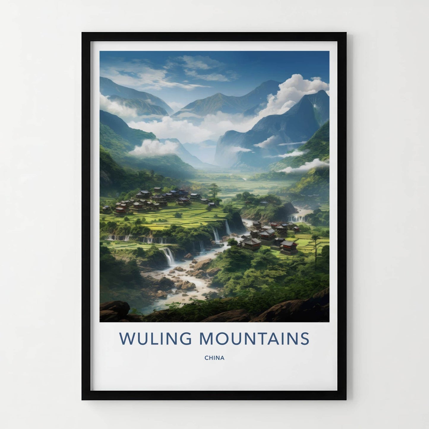 Wuling Mountains Poster - China Wall Art - Mountain Village Waterfalls Home Decor