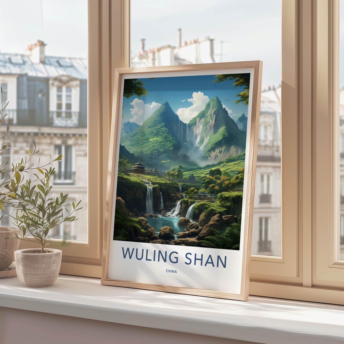 WULING SHAN Poster - China Travel Art - Green Mountain Village Home Decor