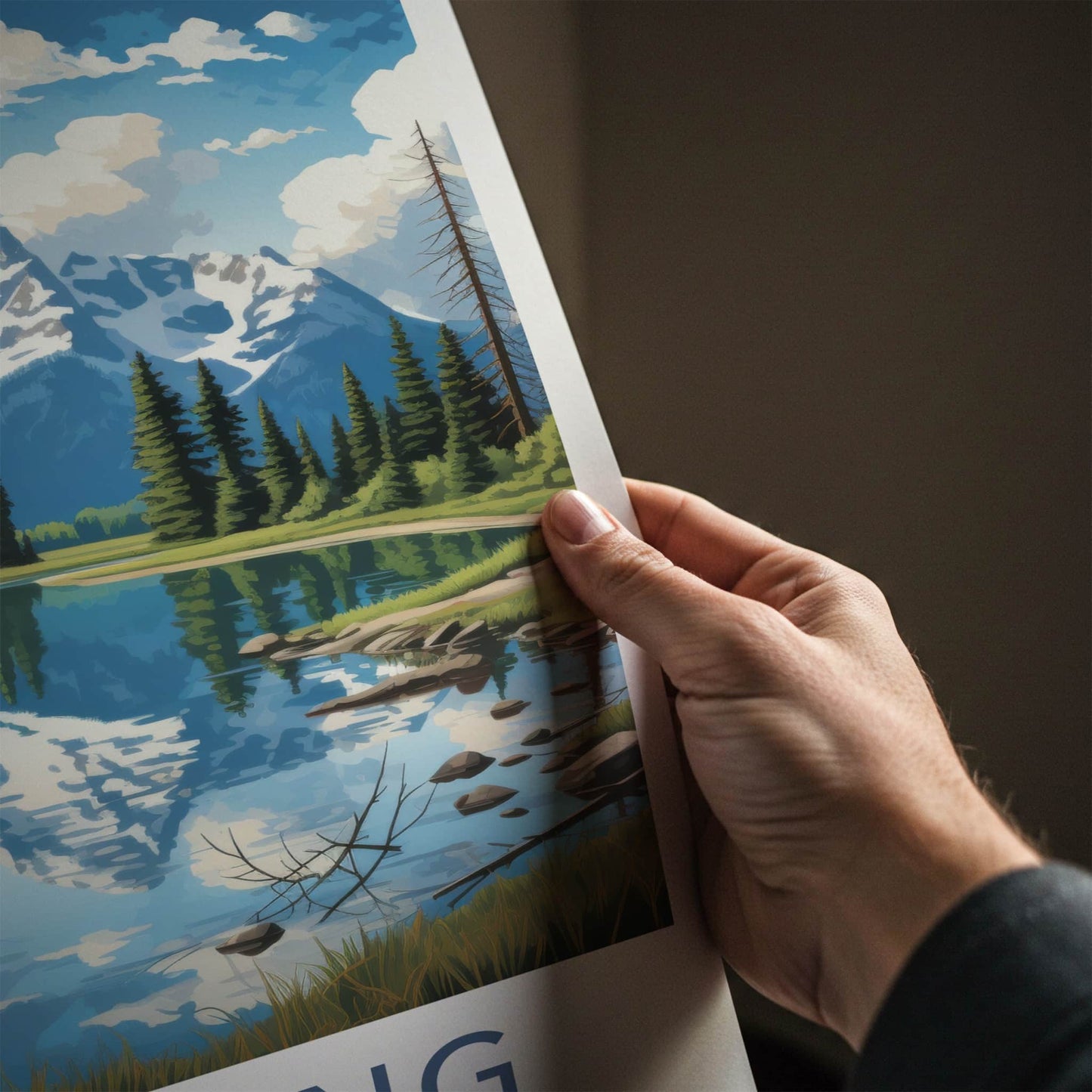 Wyoming Poster - Wyoming Travel Art - Snowy Mountain Lake Home Decor