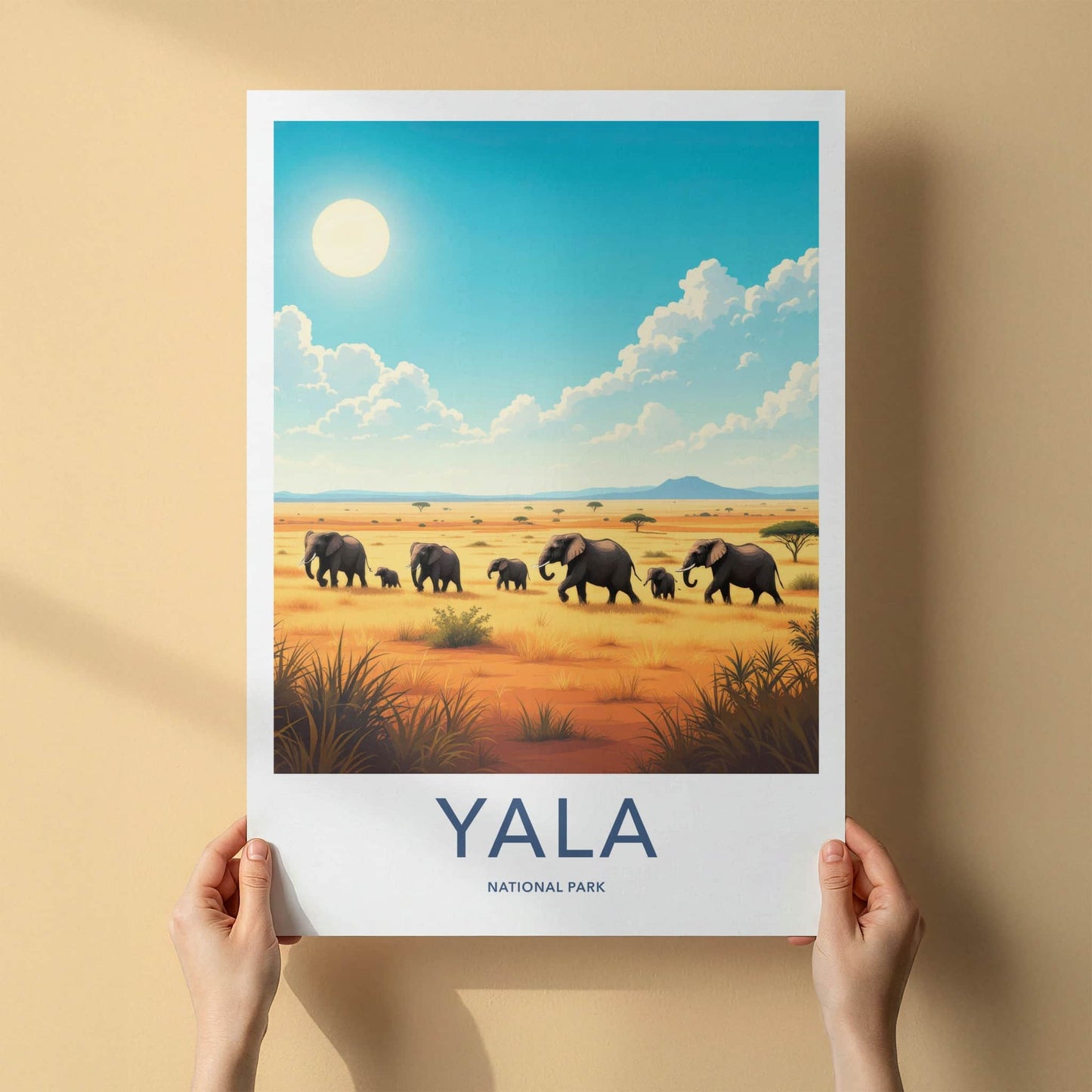 Yala National Park Poster - Sri Lanka Travel Art - Elephants Savannah Sun Home Decor