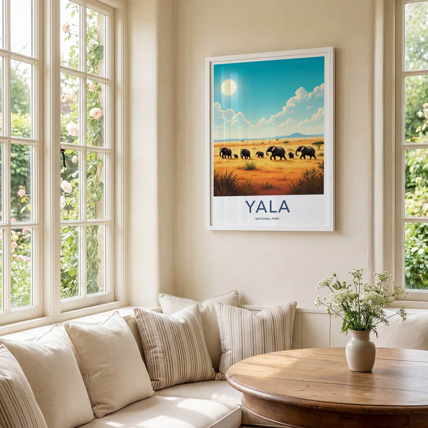 Yala National Park Poster - Sri Lanka Travel Art - Elephants Savannah Sun Home Decor
