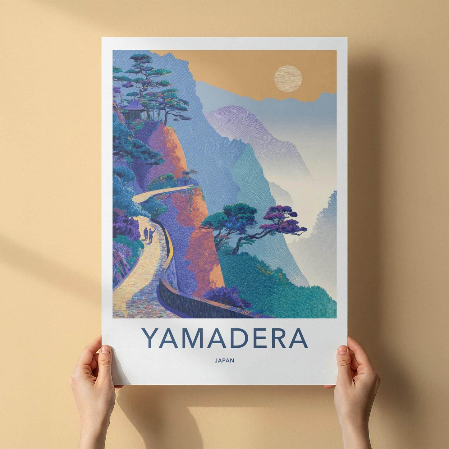 Yamadera Poster - Japan Travel Art - Mountain temple path Home Decor