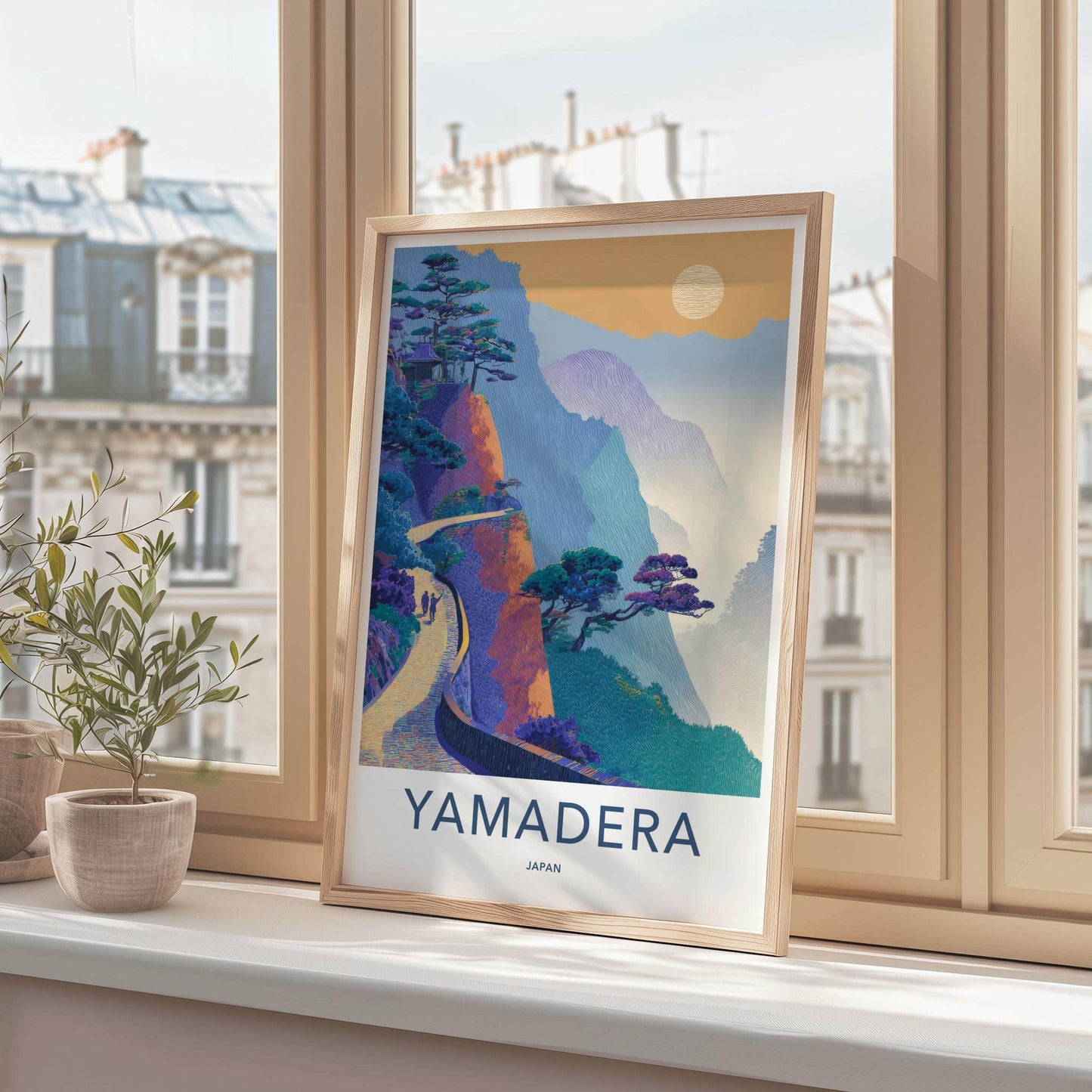 Yamadera Poster - Japan Travel Art - Mountain temple path Home Decor