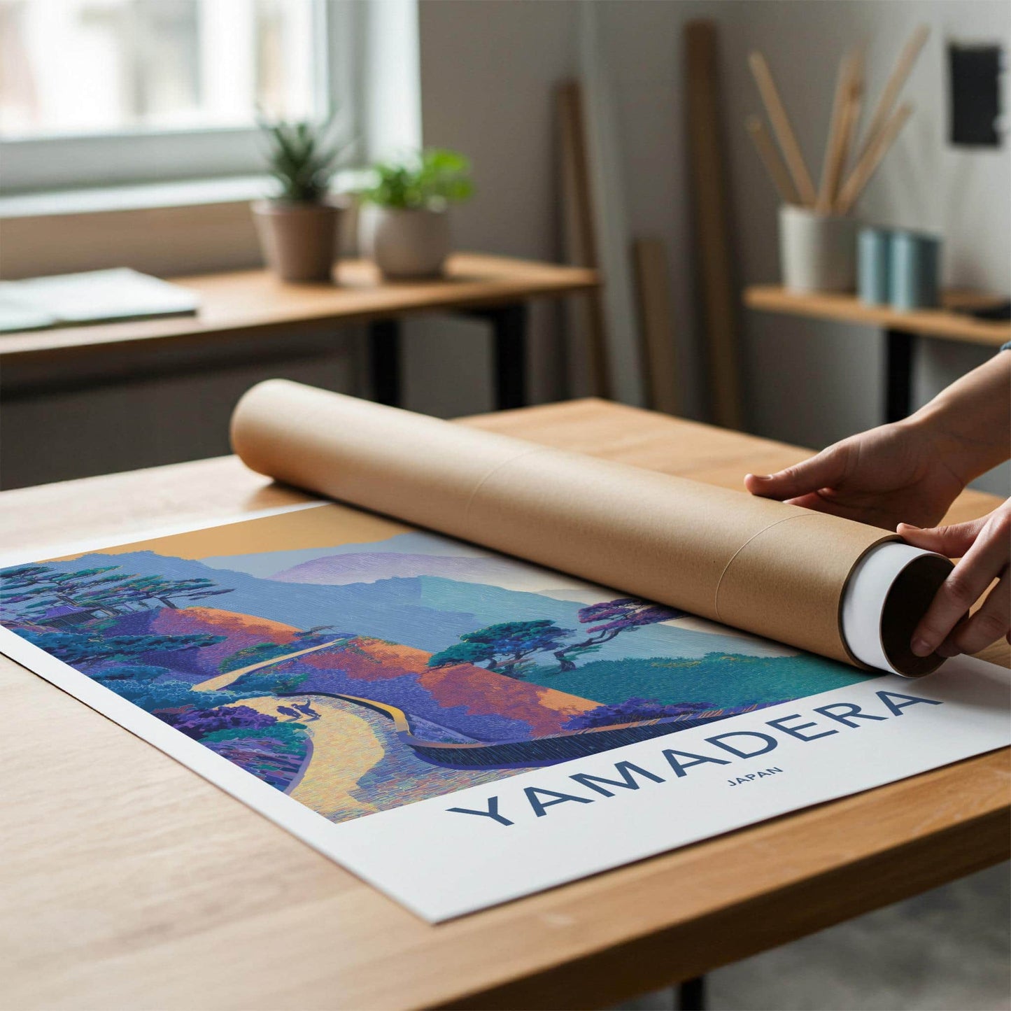 Yamadera Poster - Japan Travel Art - Mountain temple path Home Decor