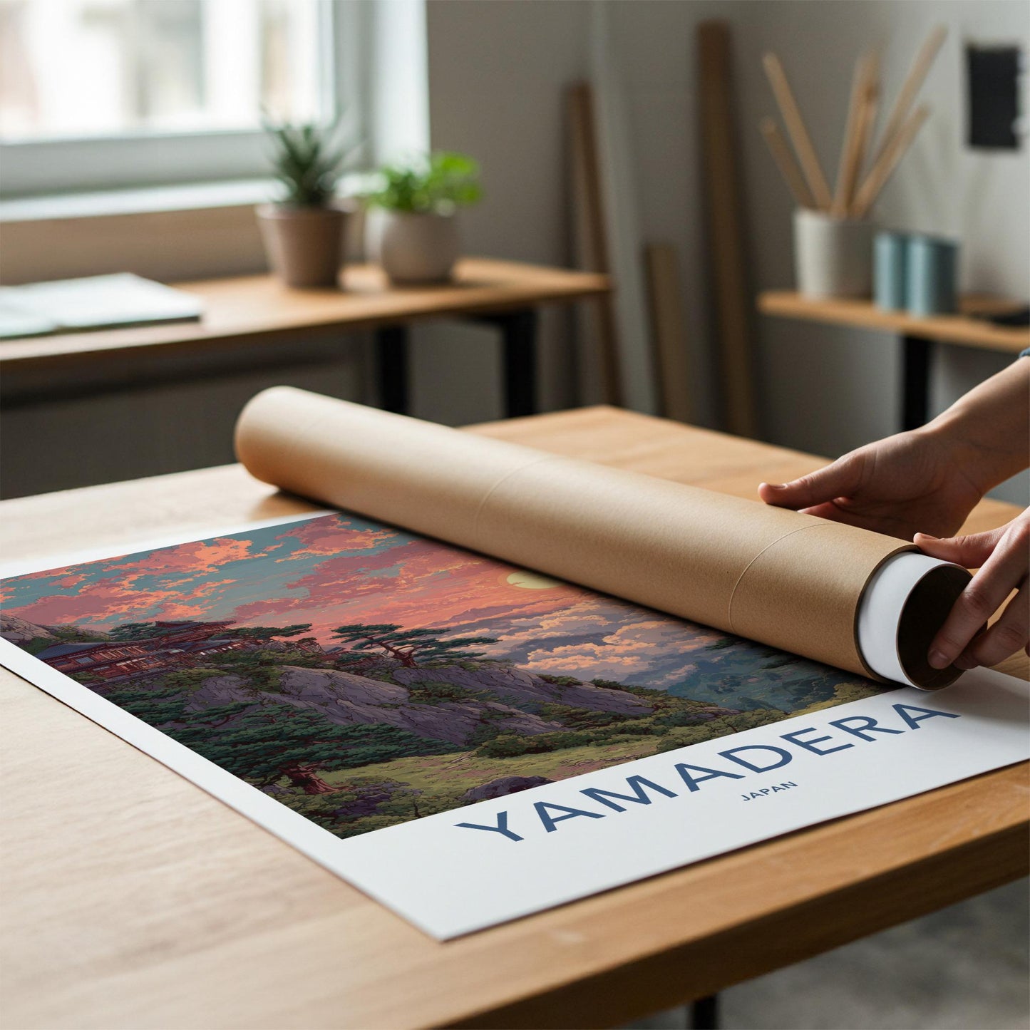 Yamadera Poster - Japan Travel Art - Mountain Temple Sunset Home Decor