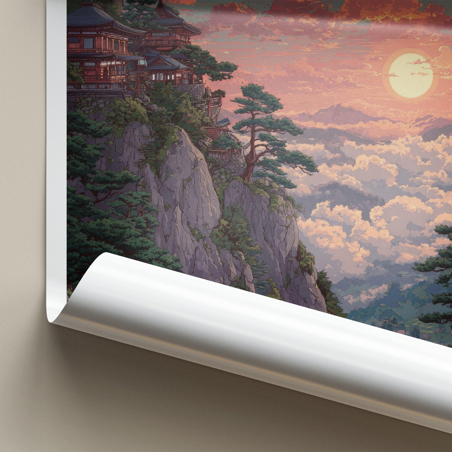 Yamadera Poster - Japan Travel Art - Mountain Temple Sunset Home Decor