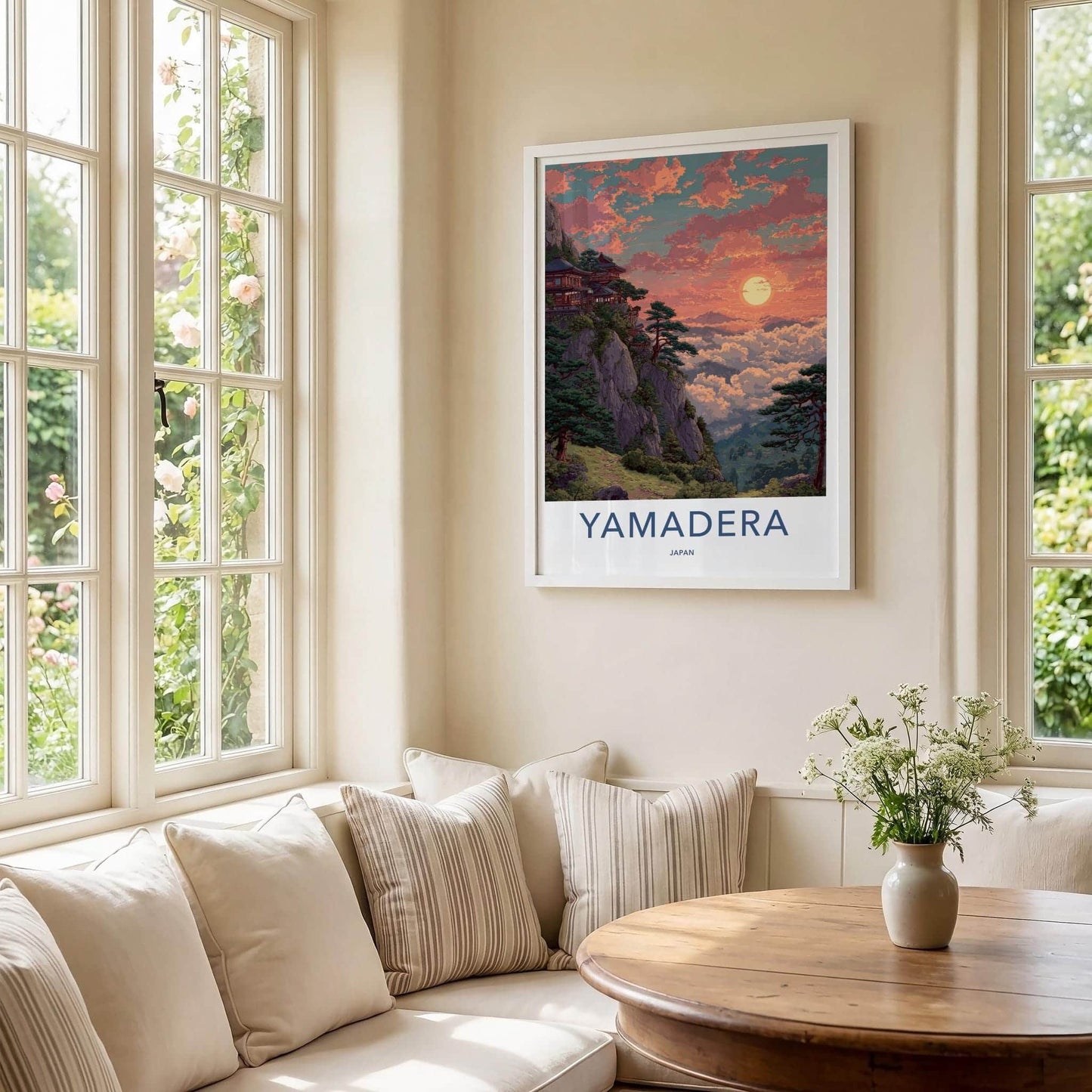 Yamadera Poster - Japan Travel Art - Mountain Temple Sunset Home Decor
